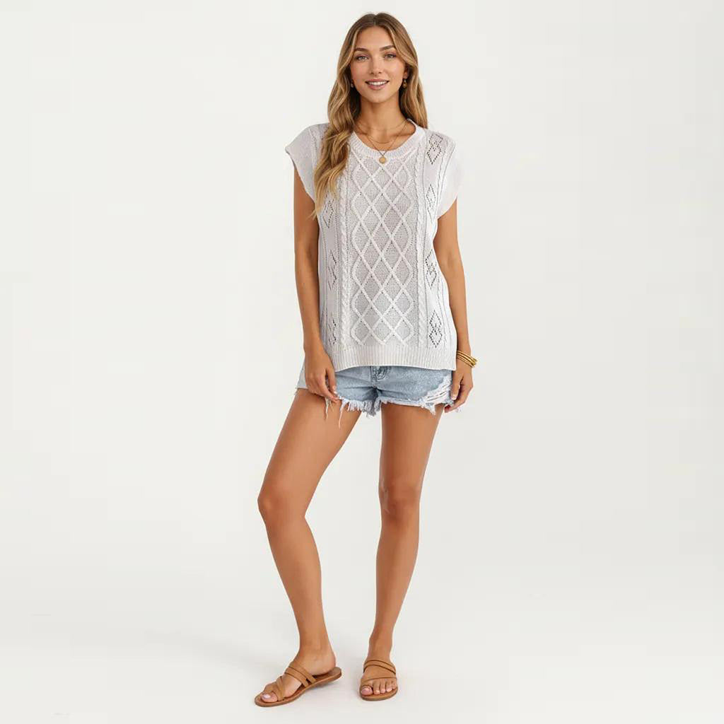Anna-Kaci Women's Sleeveless Diamond Cable Knit Pullover Sweater Top with Ribbed Trim and Relaxed Fit