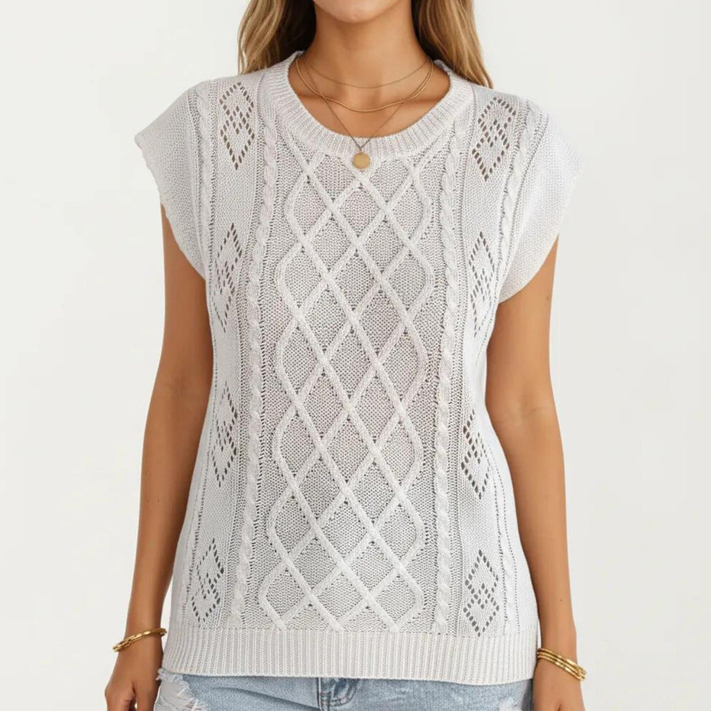 Anna-Kaci Women's Sleeveless Diamond Cable Knit Pullover Sweater Top with Ribbed Trim and Relaxed Fit
