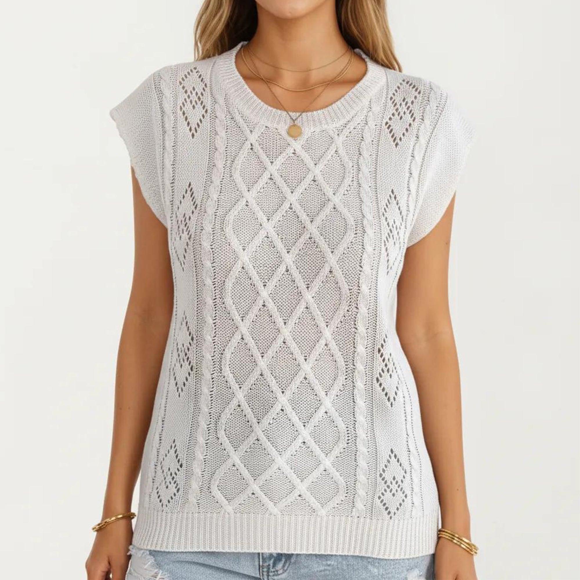 Anna-Kaci Women's Sleeveless Diamond Cable Knit Pullover Sweater Top with Ribbed Trim and Relaxed Fit