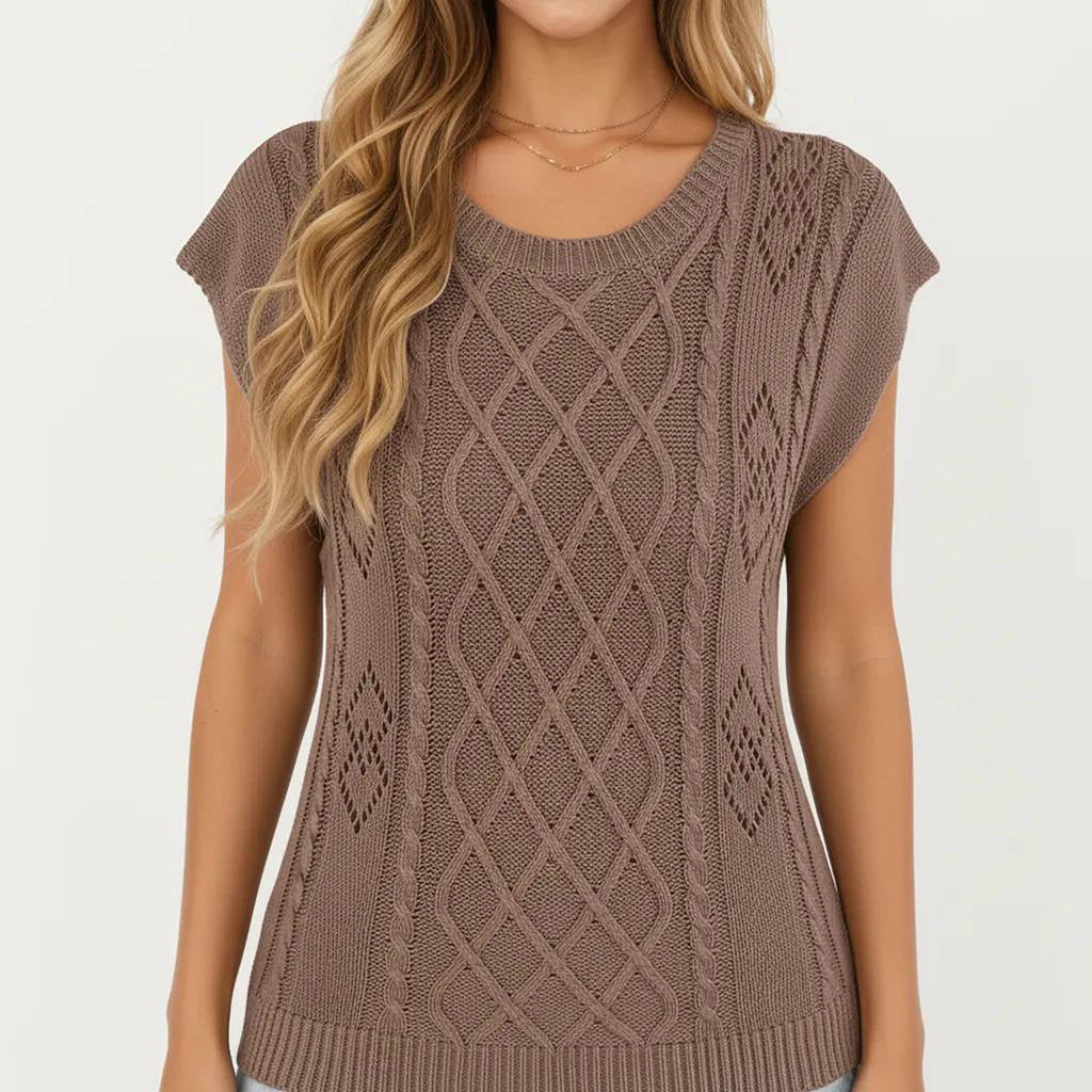 Anna-Kaci Women's Sleeveless Diamond Cable Knit Pullover Sweater Top with Ribbed Trim and Relaxed Fit