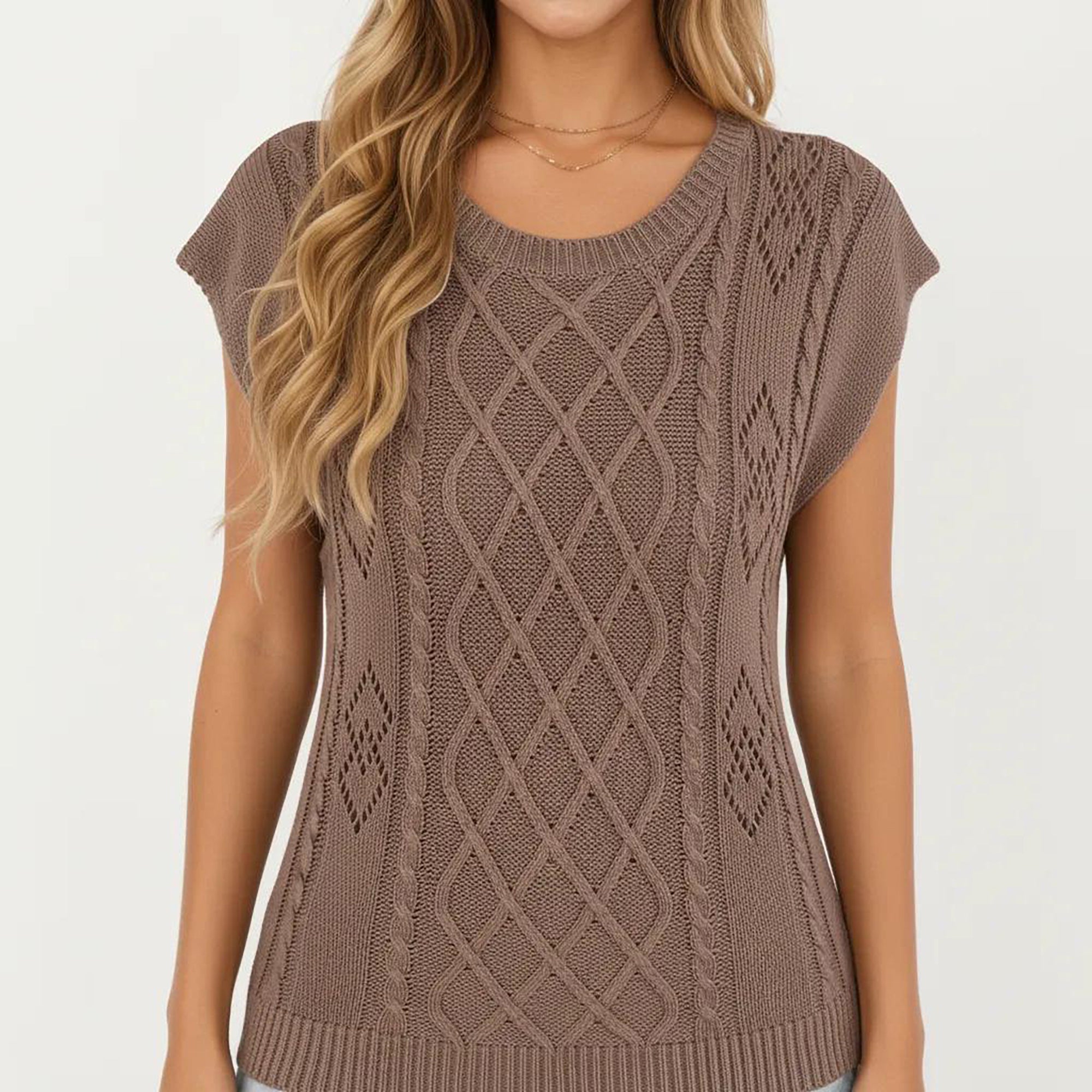 Anna-Kaci Women's Sleeveless Diamond Cable Knit Pullover Sweater Top with Ribbed Trim and Relaxed Fit