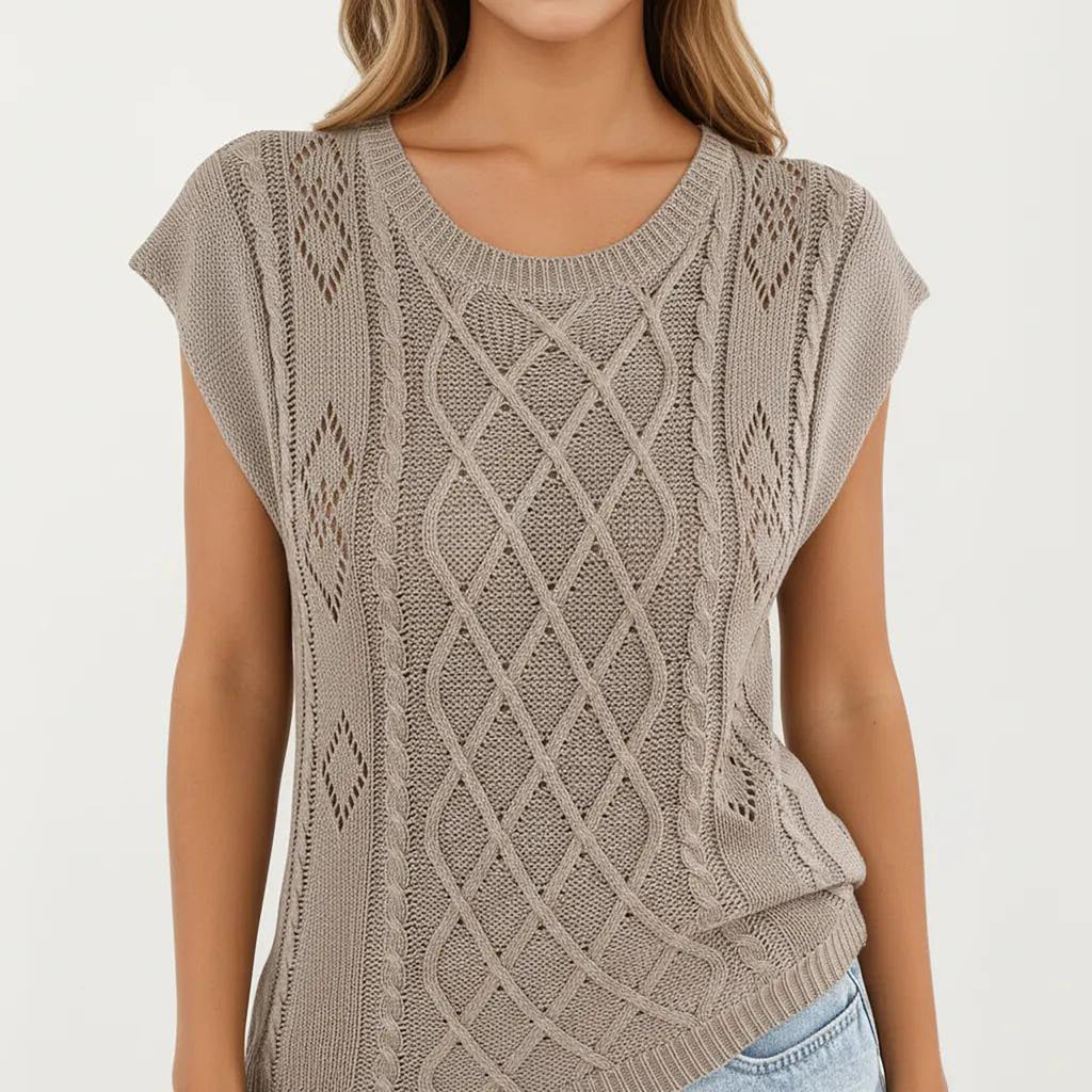 Anna-Kaci Women's Sleeveless Diamond Cable Knit Pullover Sweater Top with Ribbed Trim and Relaxed Fit