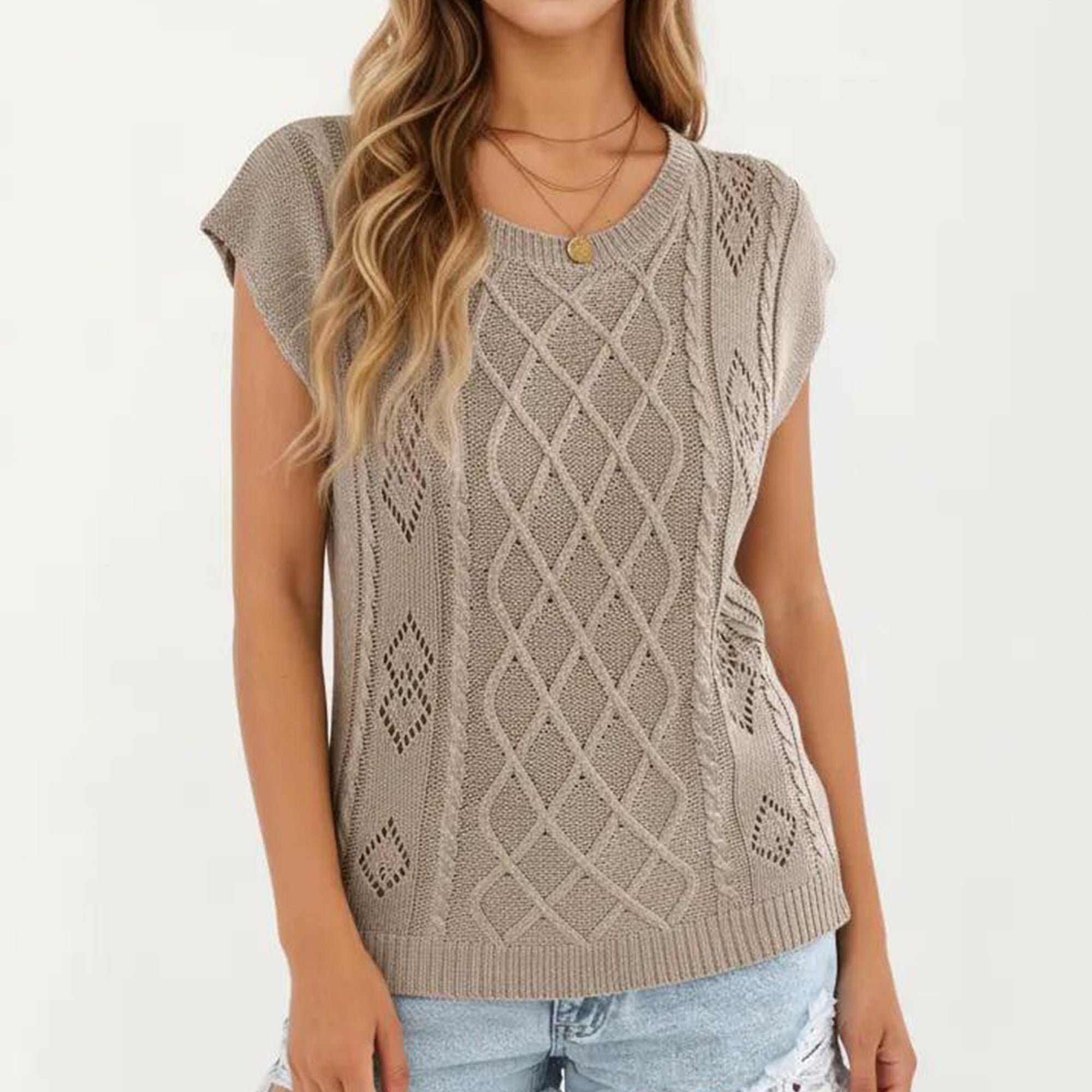 Anna-Kaci Women's Sleeveless Diamond Cable Knit Pullover Sweater Top with Ribbed Trim and Relaxed Fit