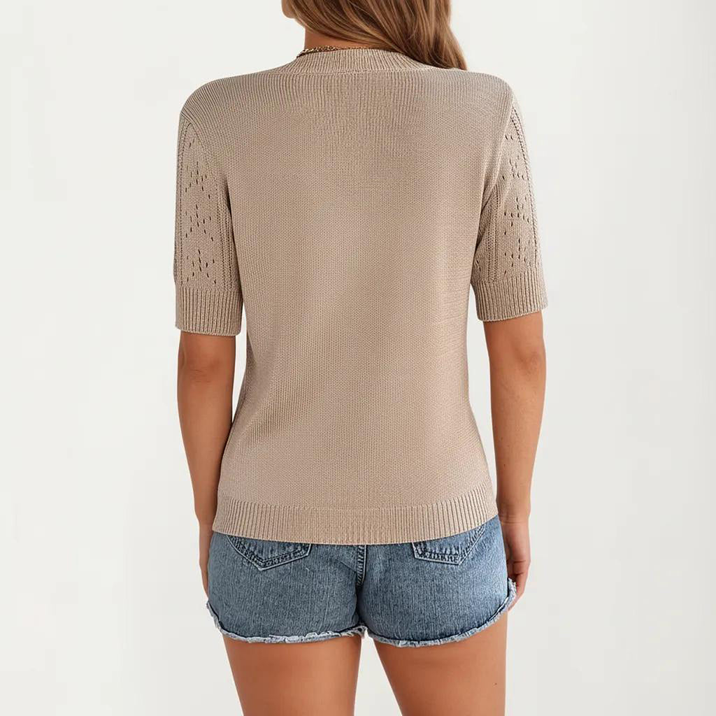 Anna-Kaci Women's Short Sleeve Open Knit Pullover Sweater Top with Crew Neck and Relaxed Fit