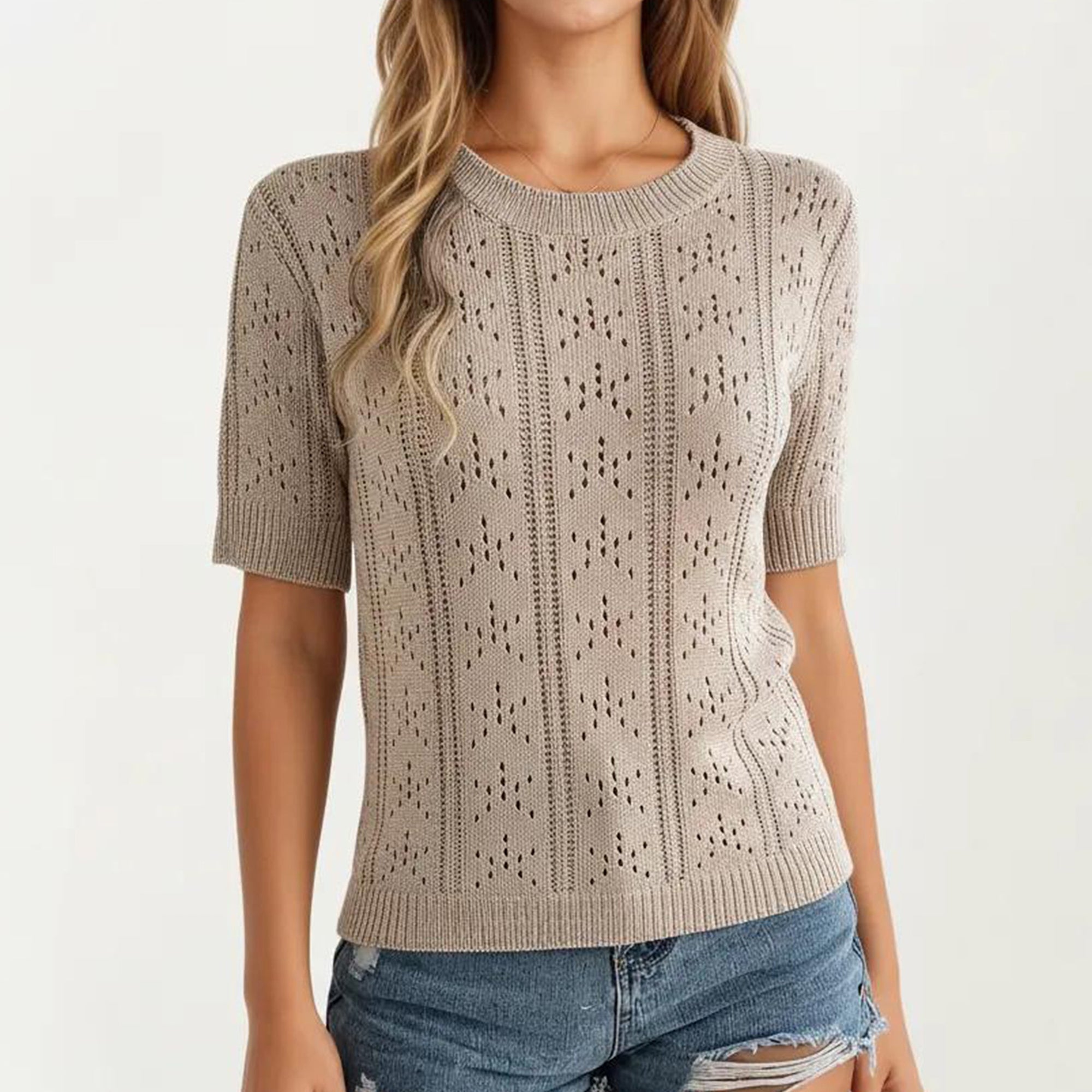 Anna-Kaci Women's Short Sleeve Open Knit Pullover Sweater Top with Crew Neck and Relaxed Fit