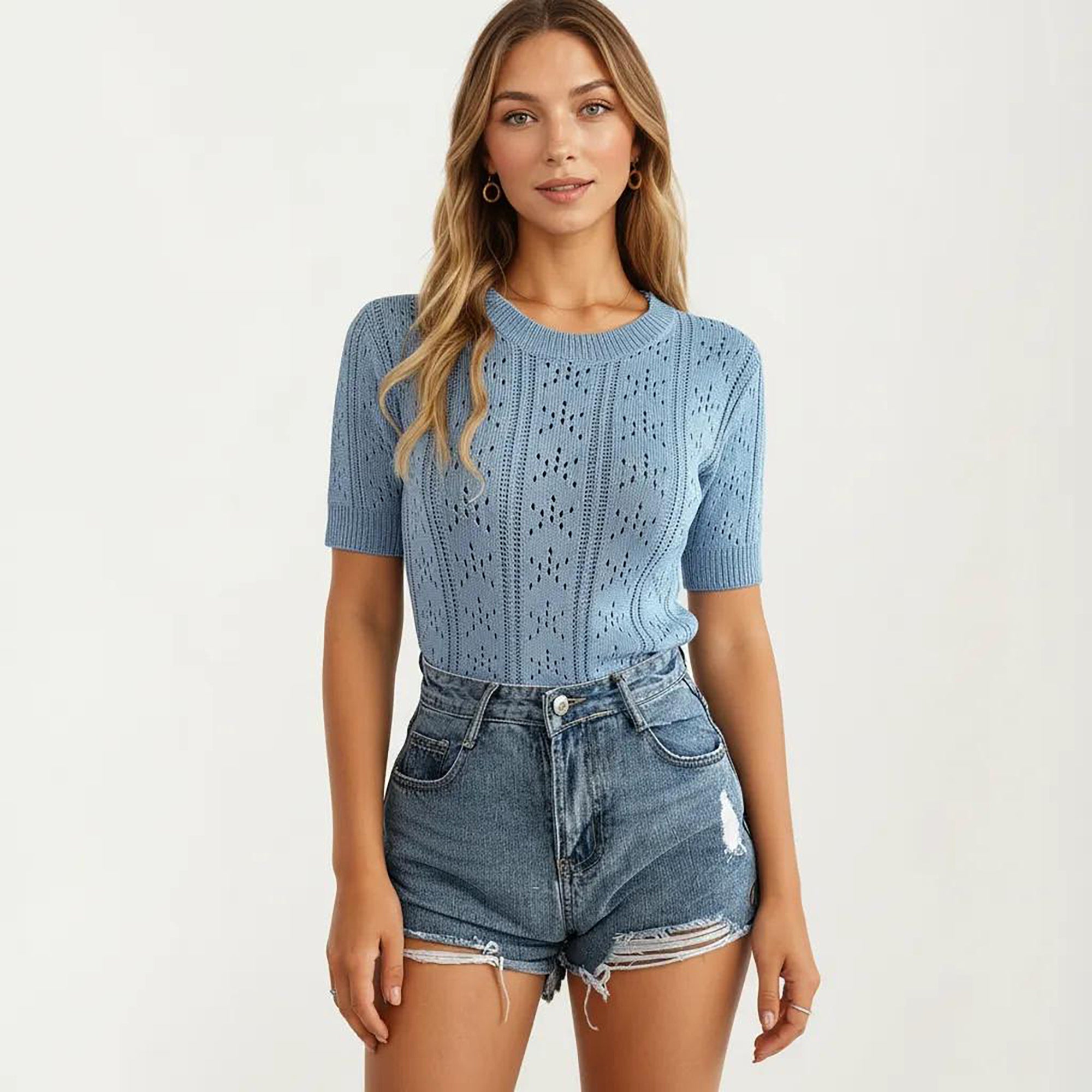 Anna-Kaci Women's Short Sleeve Open Knit Pullover Sweater Top with Crew Neck and Relaxed Fit