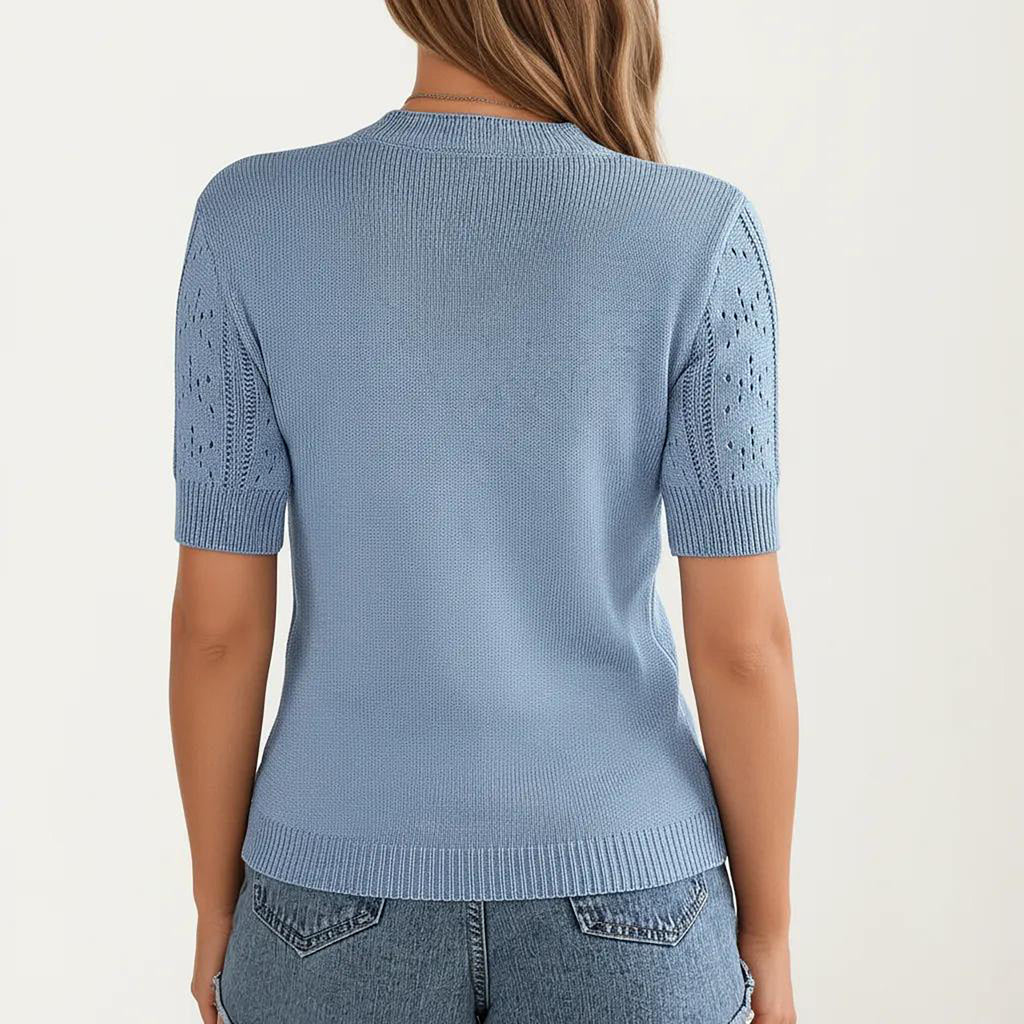 Anna-Kaci Women's Short Sleeve Open Knit Pullover Sweater Top with Crew Neck and Relaxed Fit