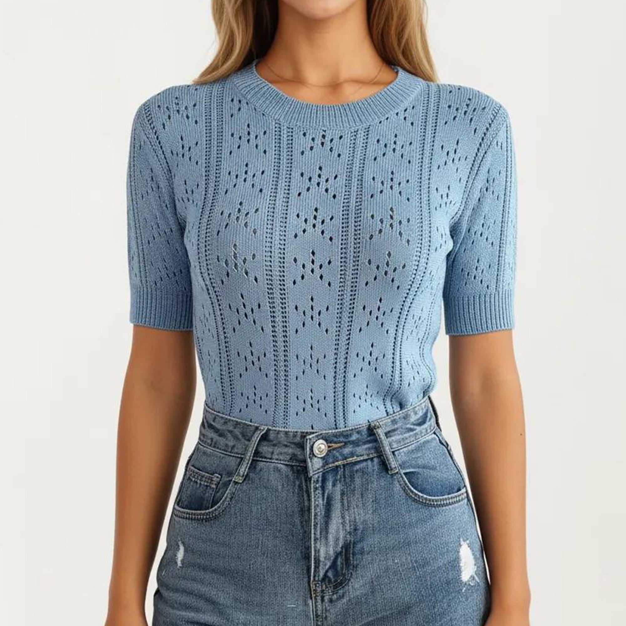 Anna-Kaci Women's Short Sleeve Open Knit Pullover Sweater Top with Crew Neck and Relaxed Fit