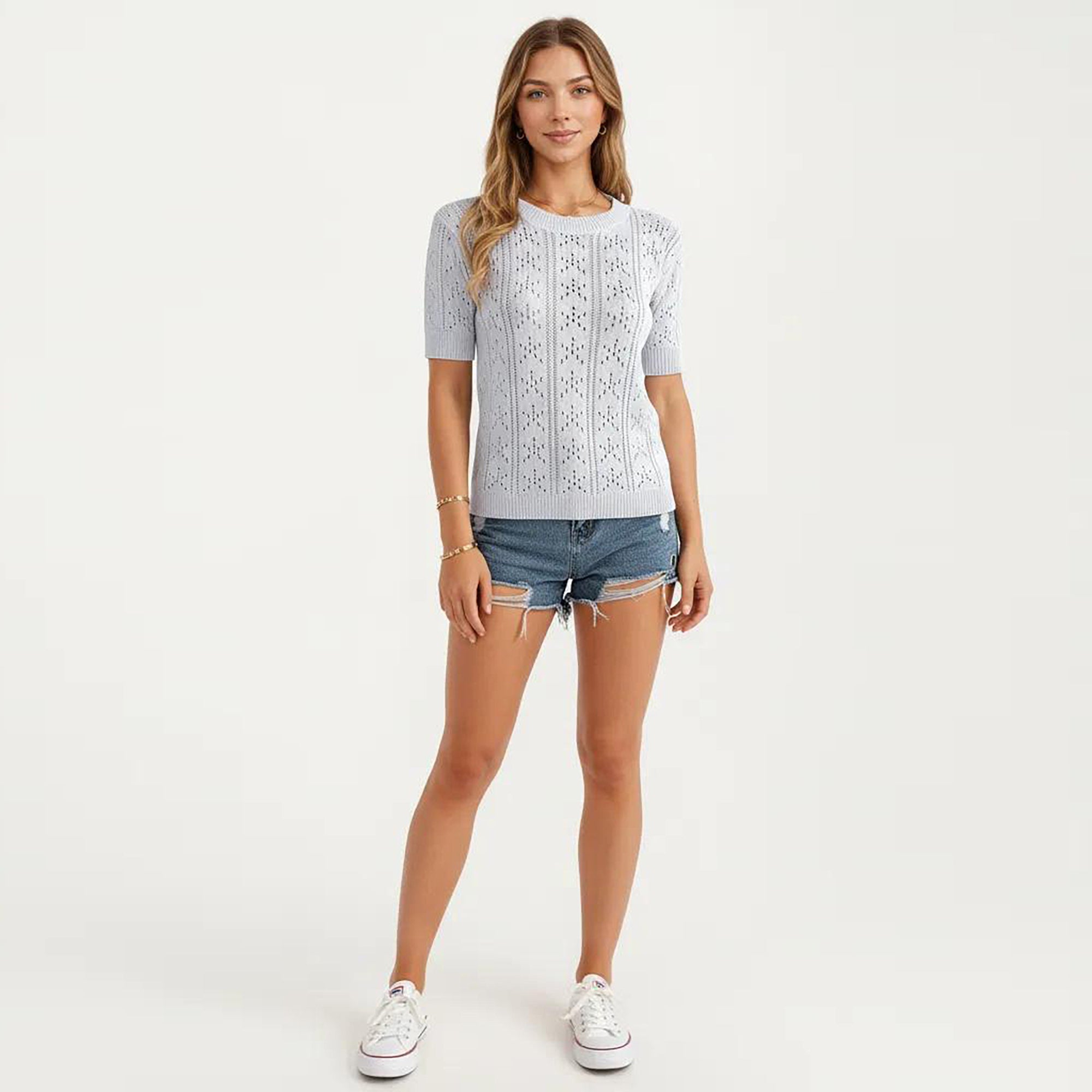 Anna-Kaci Women's Short Sleeve Open Knit Pullover Sweater Top with Crew Neck and Relaxed Fit