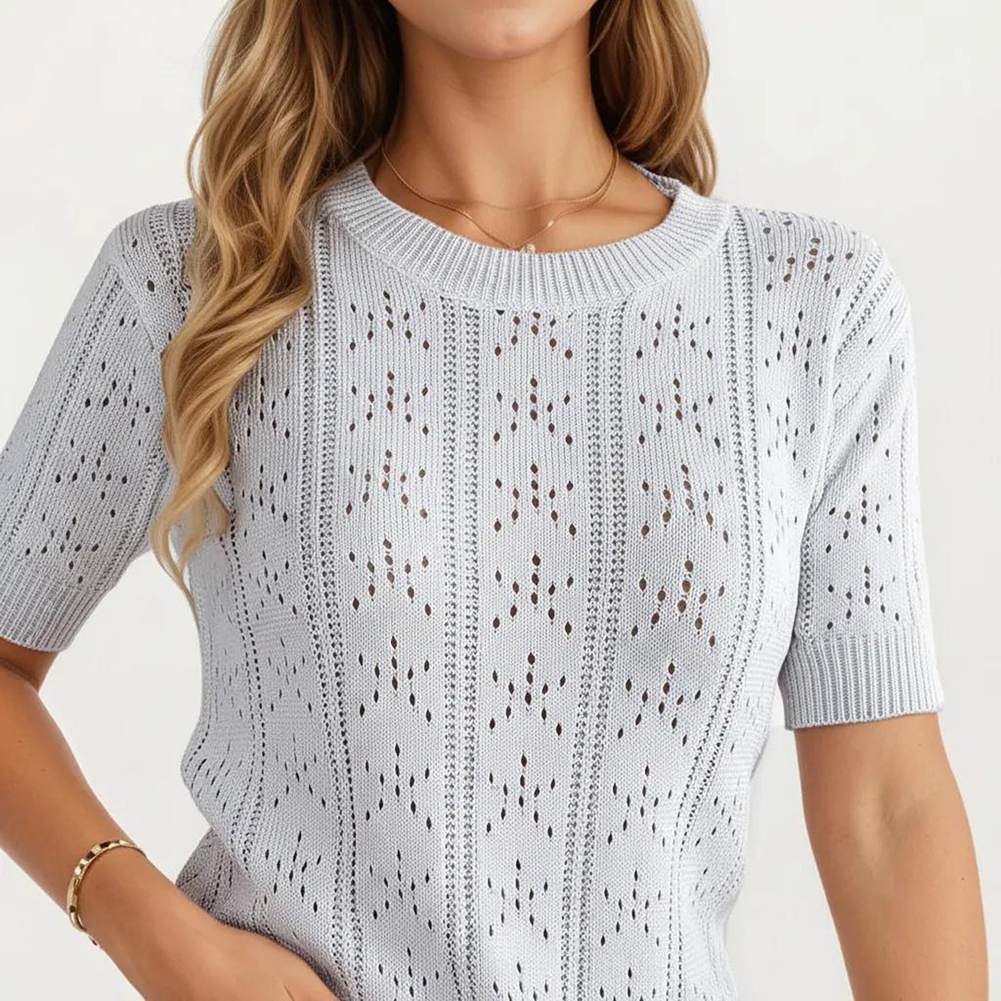 Anna-Kaci Women's Short Sleeve Open Knit Pullover Sweater Top with Crew Neck and Relaxed Fit