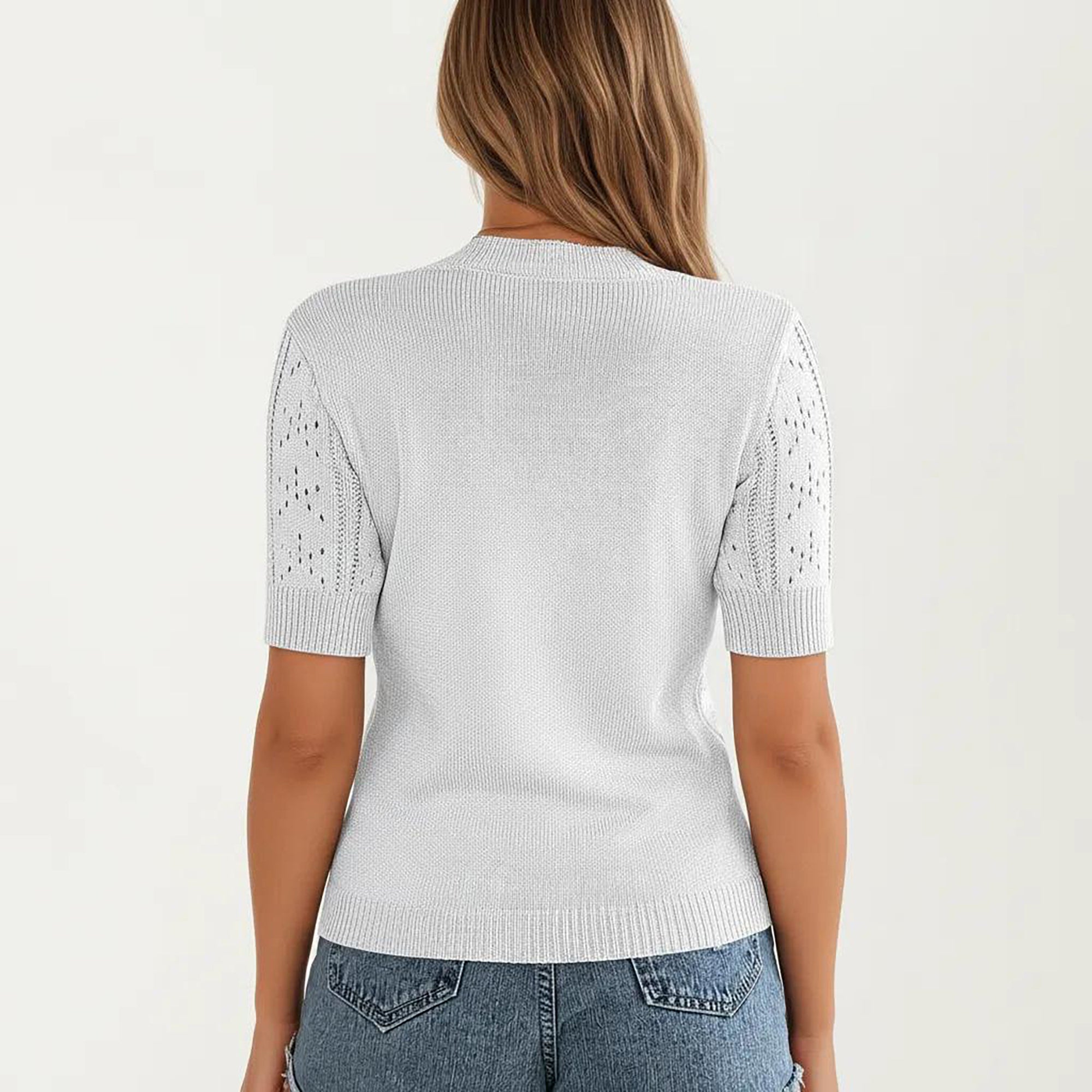 Anna-Kaci Women's Short Sleeve Open Knit Pullover Sweater Top with Crew Neck and Relaxed Fit