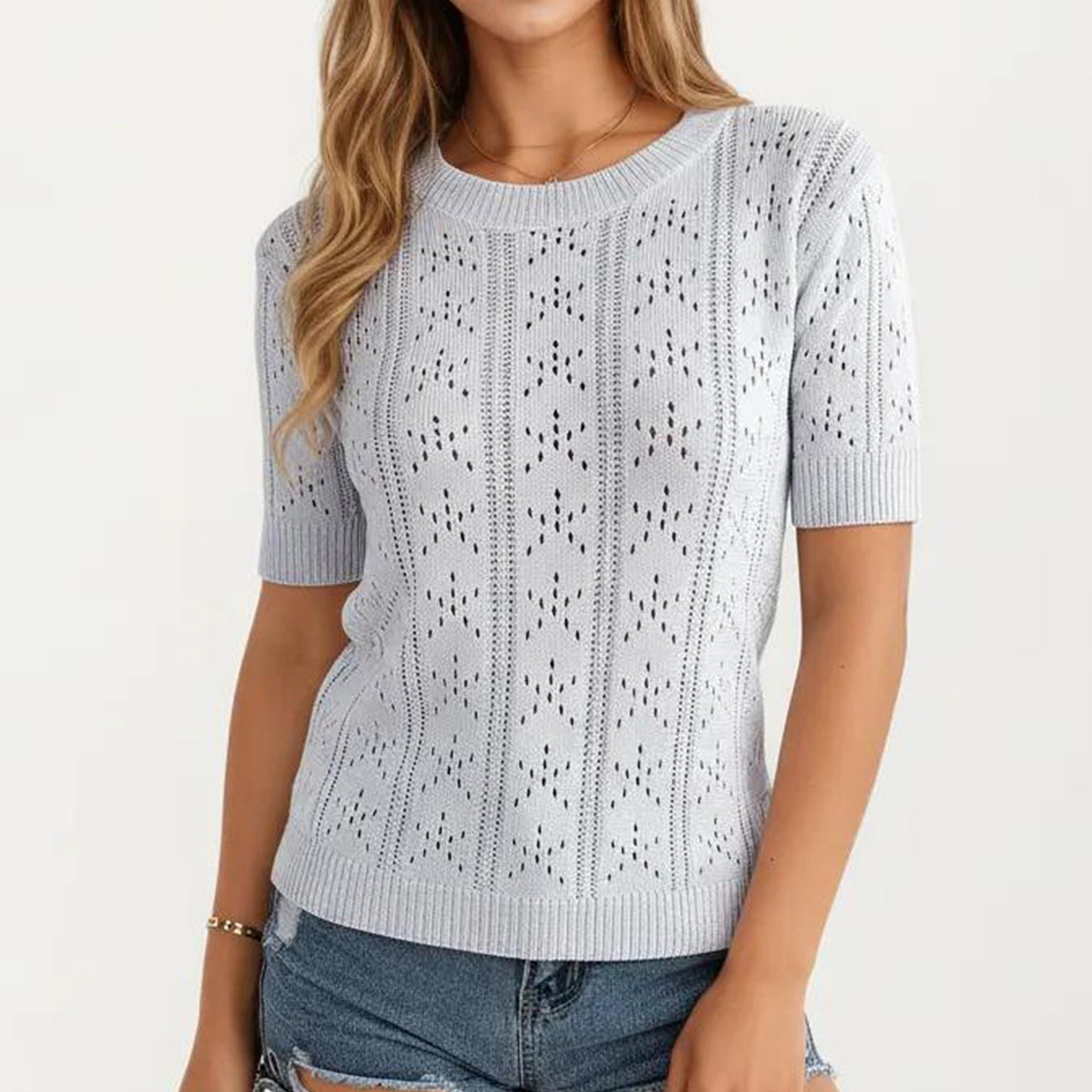 Anna-Kaci Women's Short Sleeve Open Knit Pullover Sweater Top with Crew Neck and Relaxed Fit