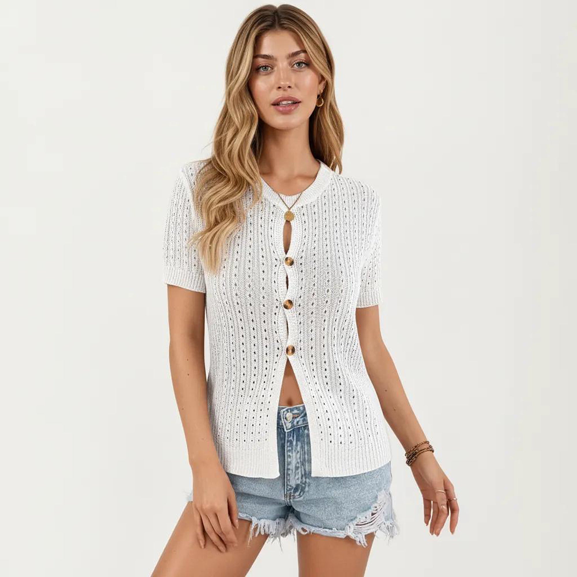 Anna-Kaci Women's Short Sleeve Open Knit Button Front Sweater Top with Crew Neck and Relaxed Fit