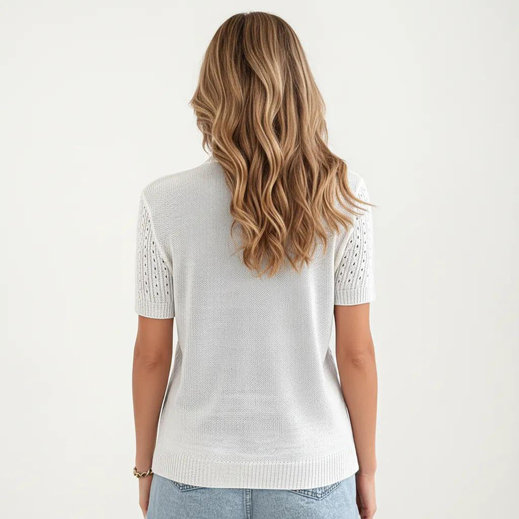 Anna-Kaci Women's Short Sleeve Open Knit Button Front Sweater Top with Crew Neck and Relaxed Fit