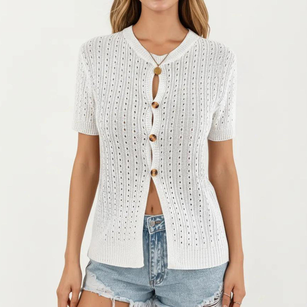 Anna-Kaci Women's Short Sleeve Open Knit Button Front Sweater Top with Crew Neck and Relaxed Fit