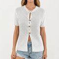 Anna-Kaci Women's Short Sleeve Open Knit Button Front Sweater Top with Crew Neck and Relaxed Fit