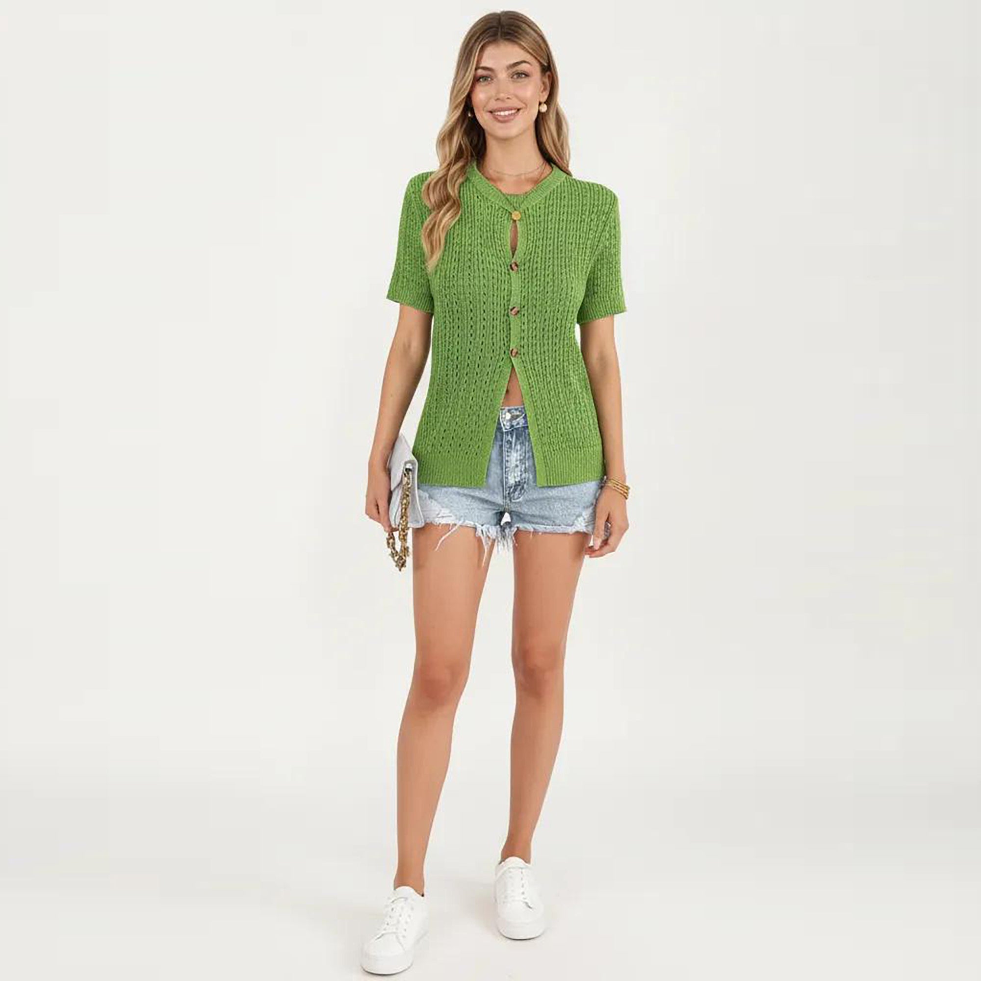 Anna-Kaci Women's Short Sleeve Open Knit Button Front Sweater Top with Crew Neck and Relaxed Fit