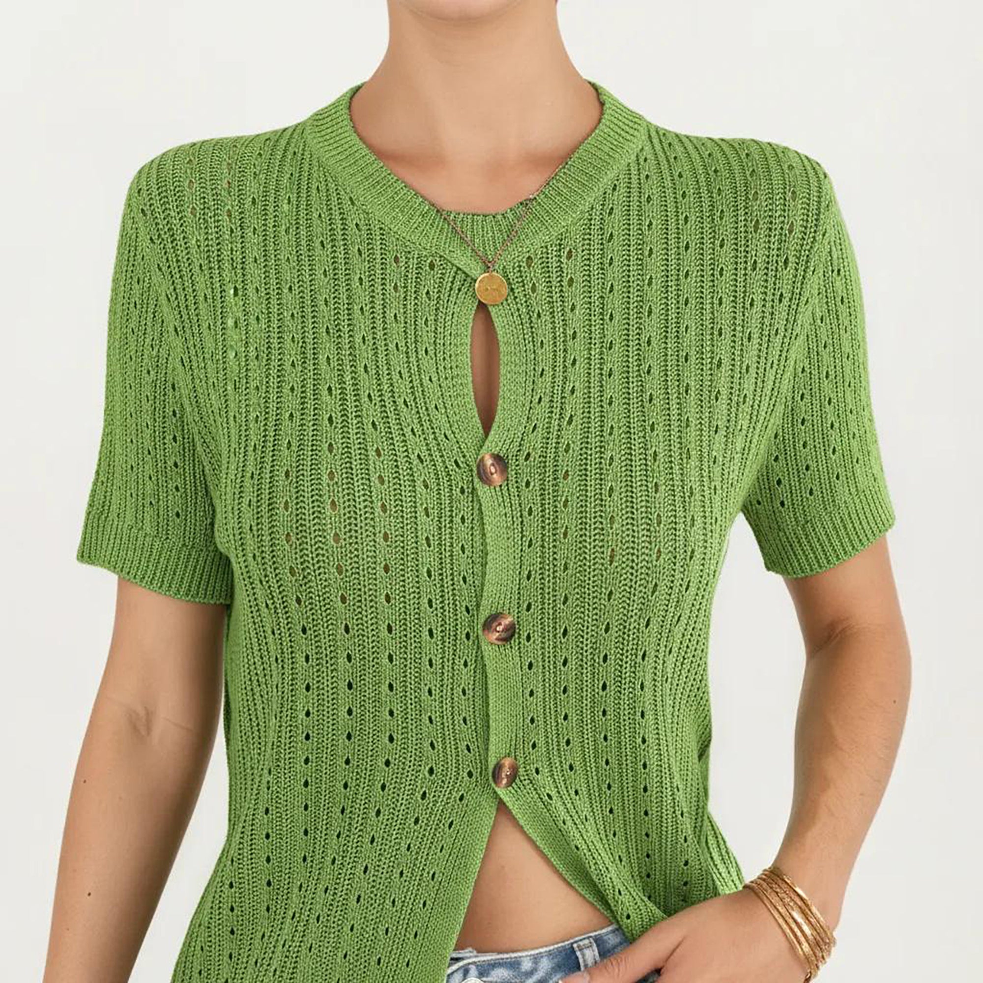 Anna-Kaci Women's Short Sleeve Open Knit Button Front Sweater Top with Crew Neck and Relaxed Fit