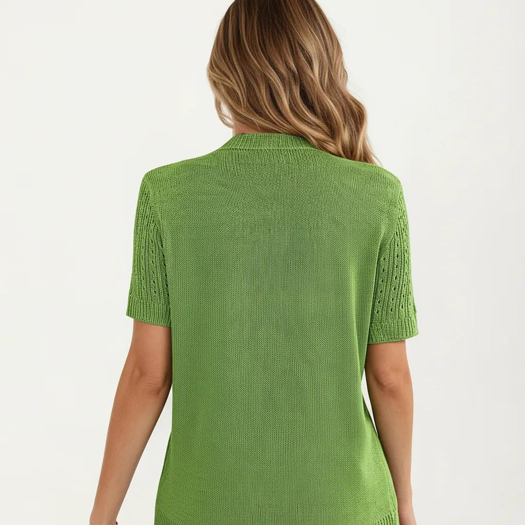 Anna-Kaci Women's Short Sleeve Open Knit Button Front Sweater Top with Crew Neck and Relaxed Fit