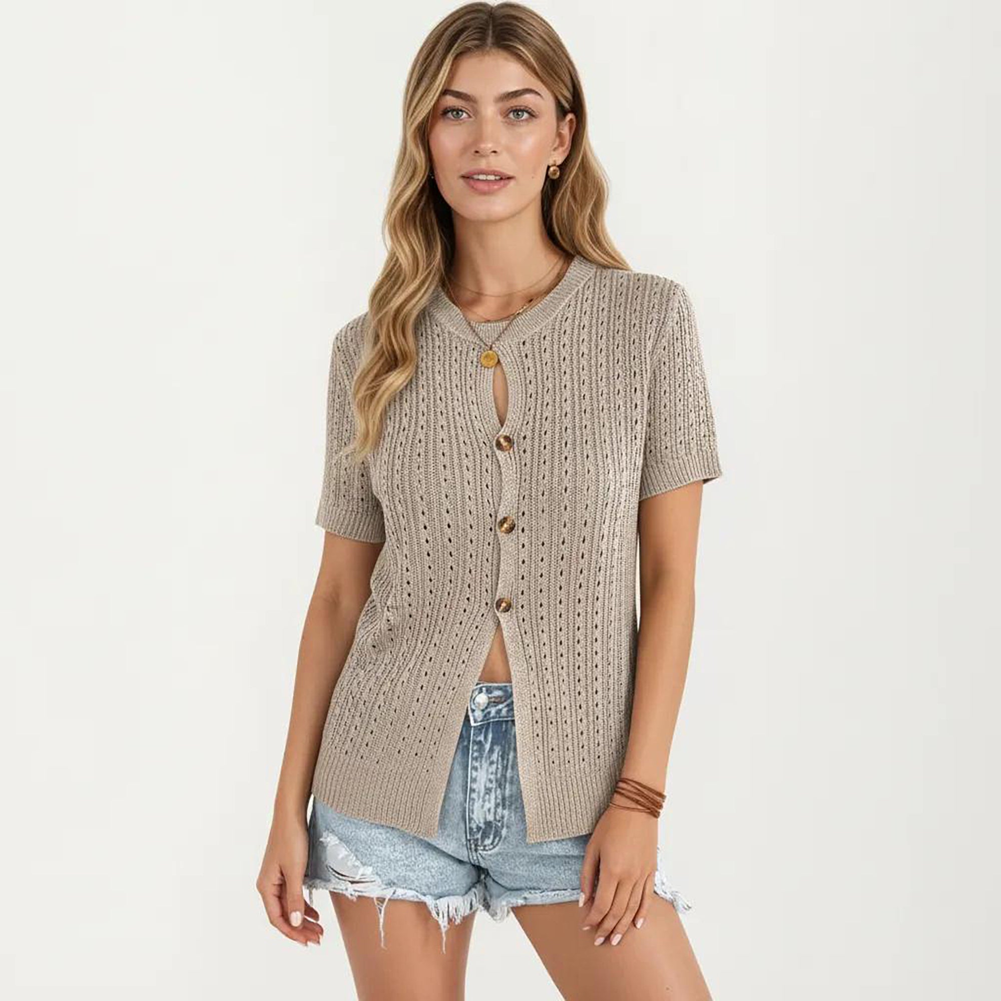 Anna-Kaci Women's Short Sleeve Open Knit Button Front Sweater Top with Crew Neck and Relaxed Fit