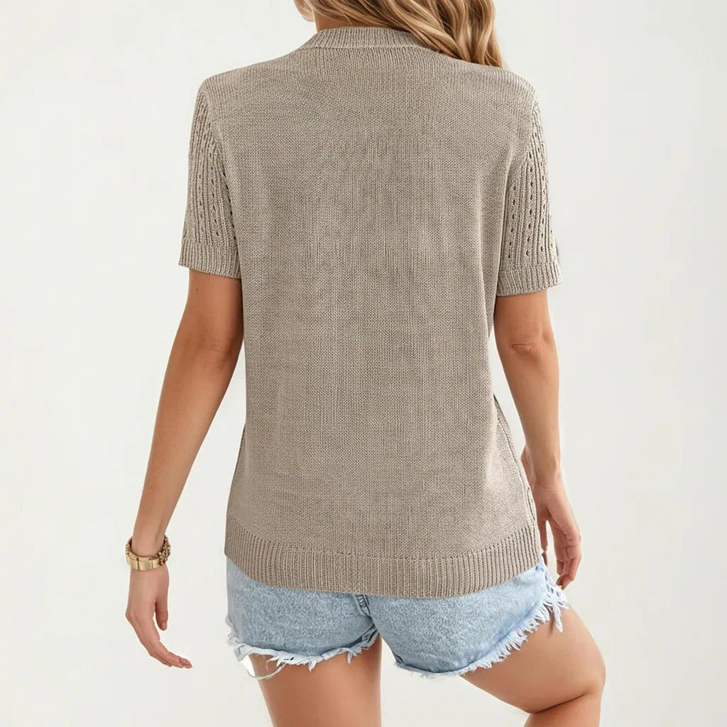 Anna-Kaci Women's Short Sleeve Open Knit Button Front Sweater Top with Crew Neck and Relaxed Fit