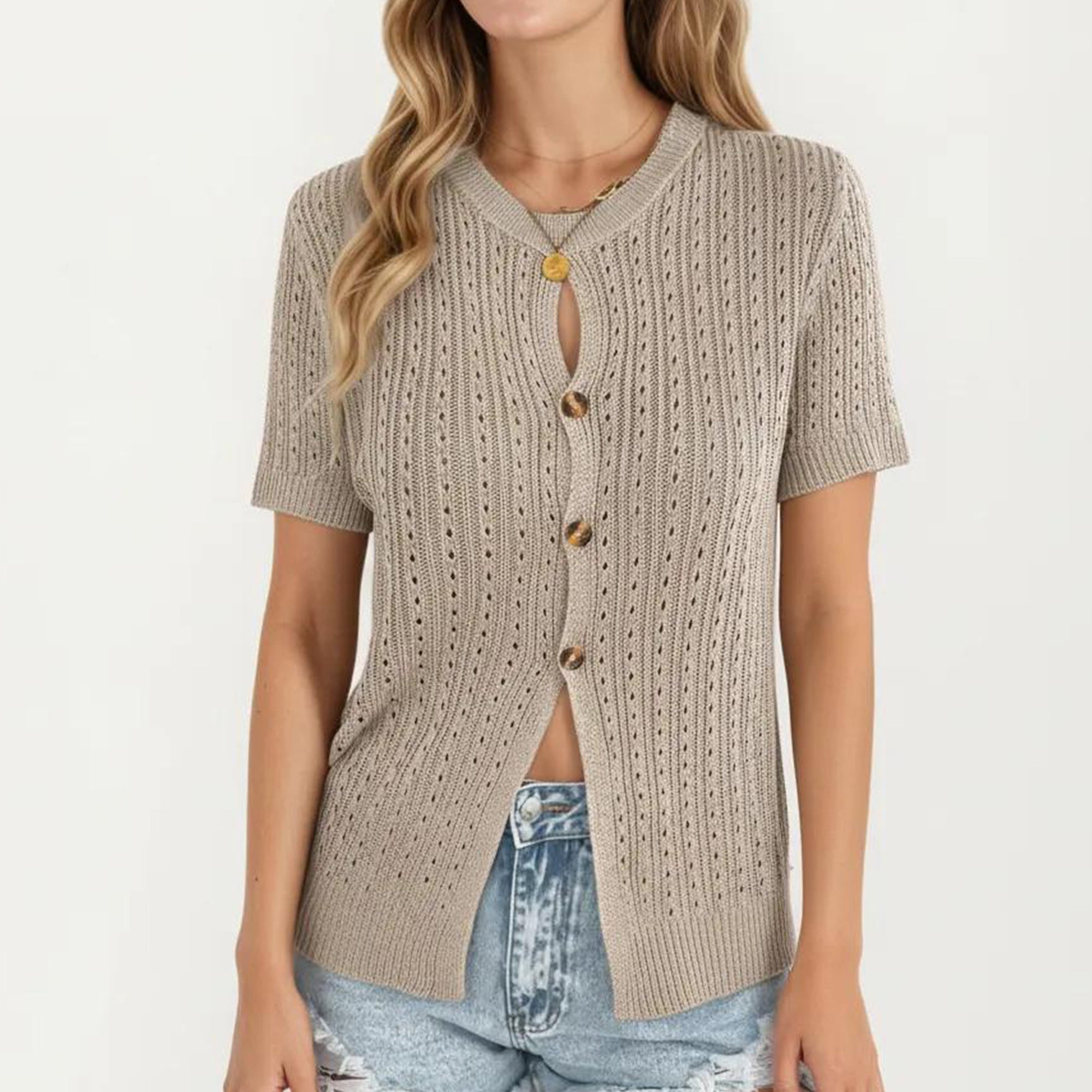 Anna-Kaci Women's Short Sleeve Open Knit Button Front Sweater Top with Crew Neck and Relaxed Fit