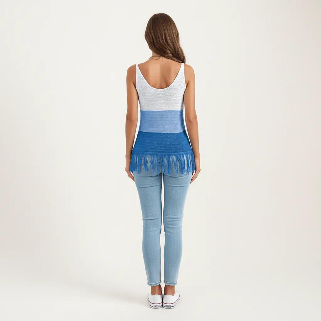 Anna-Kaci Women's Sleeveless Open Knit Tank Top with V Neck and Fringe Hem Detail