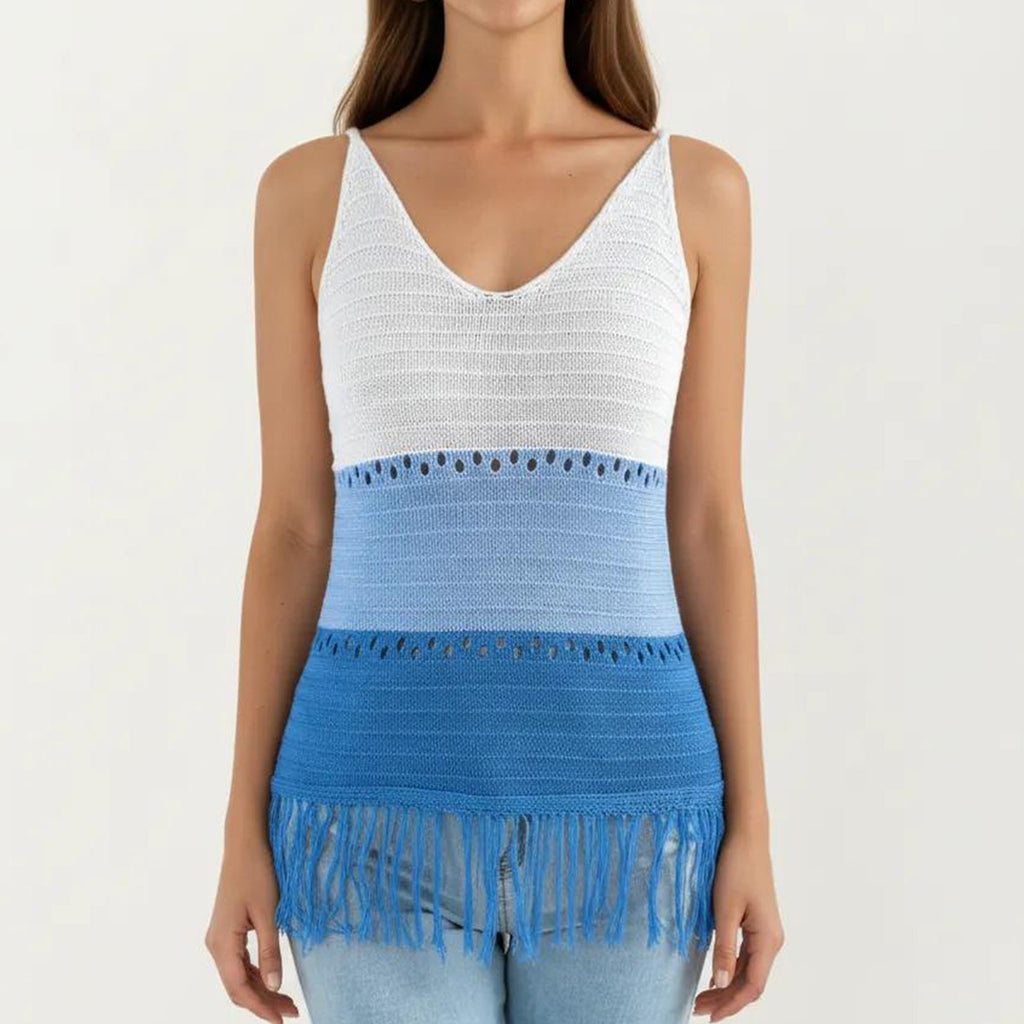 Anna-Kaci Women's Sleeveless Open Knit Tank Top with V Neck and Fringe Hem Detail