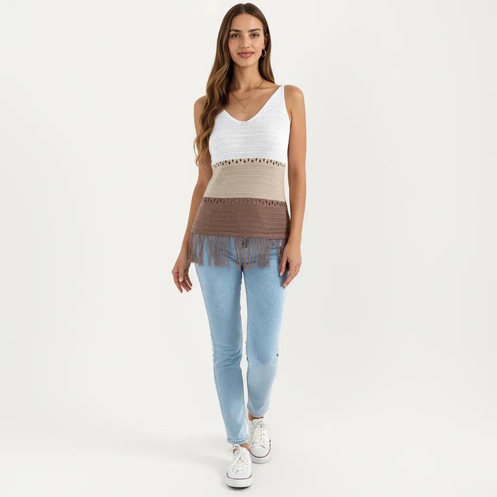 Anna-Kaci Women's Sleeveless Open Knit Tank Top with V Neck and Fringe Hem Detail