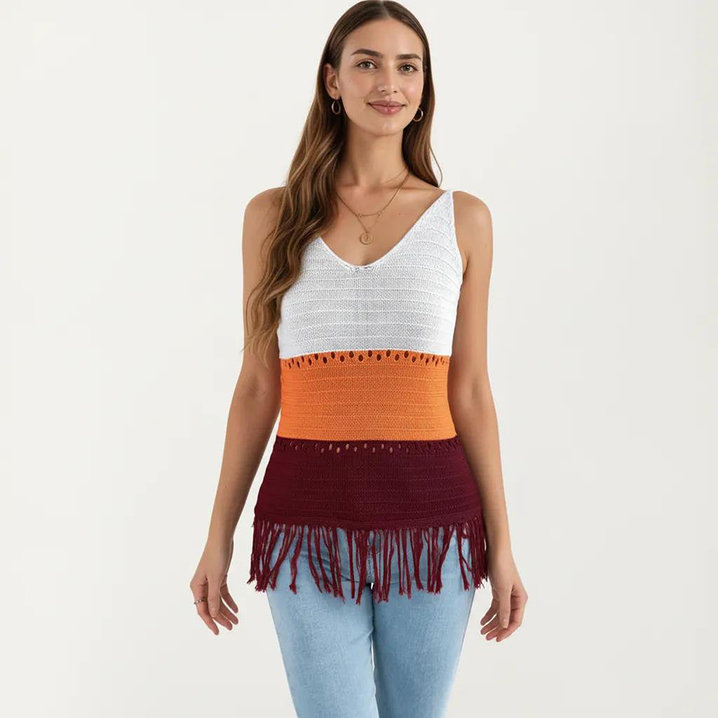 Anna-Kaci Women's Sleeveless Open Knit Tank Top with V Neck and Fringe Hem Detail