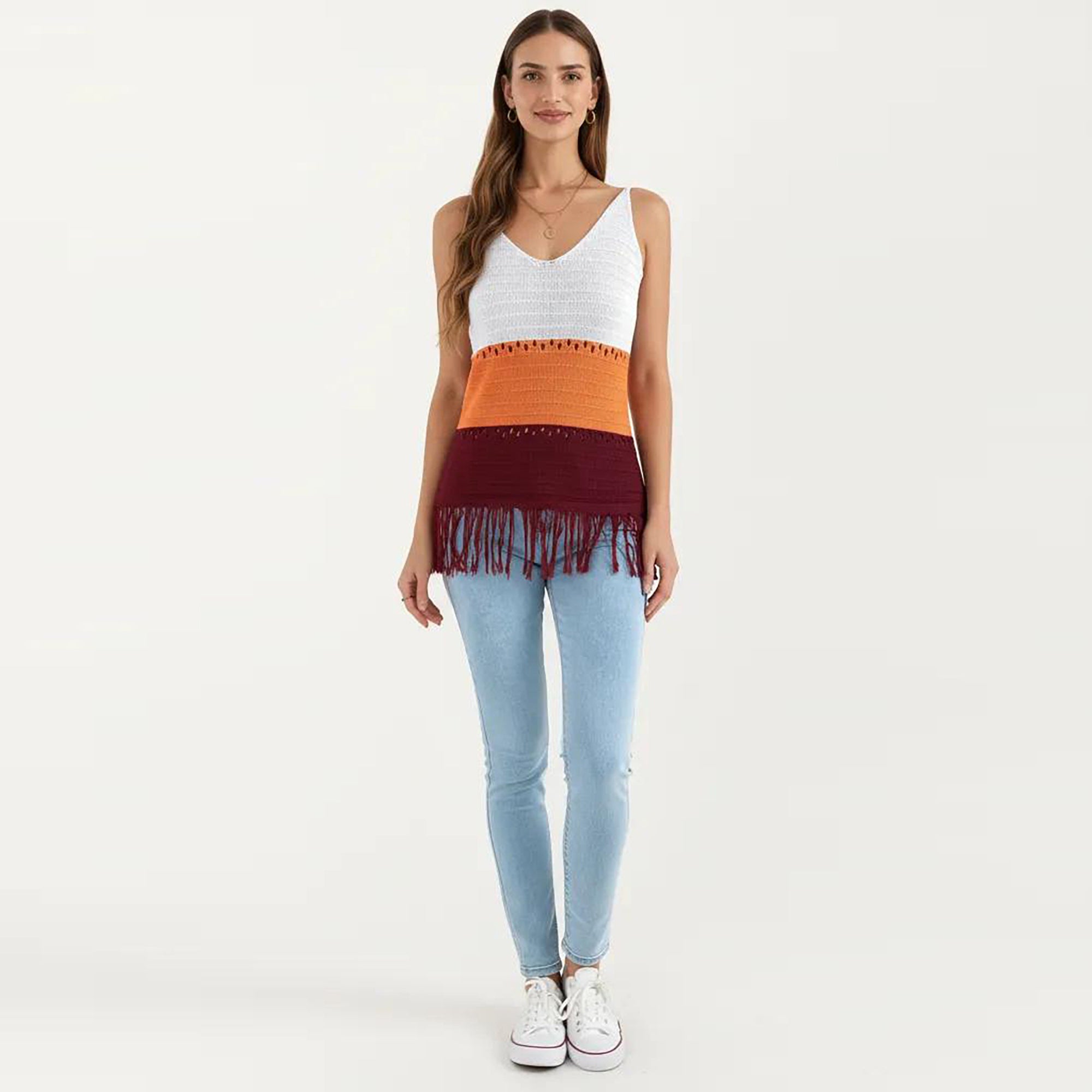 Anna-Kaci Women's Sleeveless Open Knit Tank Top with V Neck and Fringe Hem Detail