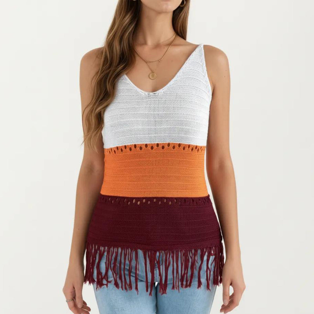 Anna-Kaci Women's Sleeveless Open Knit Tank Top with V Neck and Fringe Hem Detail