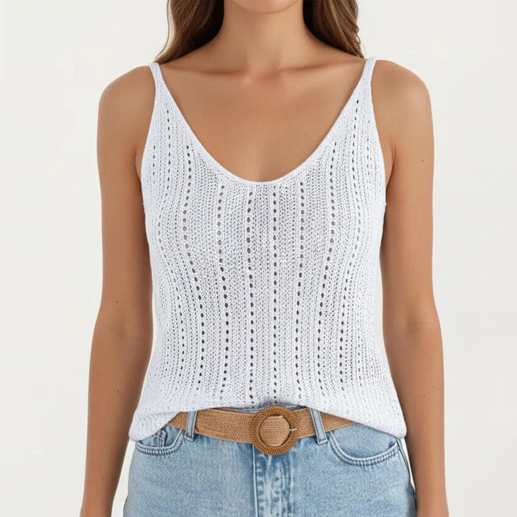 Anna-Kaci Women's Sleeveless Ribbed Open Knit Tank Top with V Neck and Slim Fit Silhouette