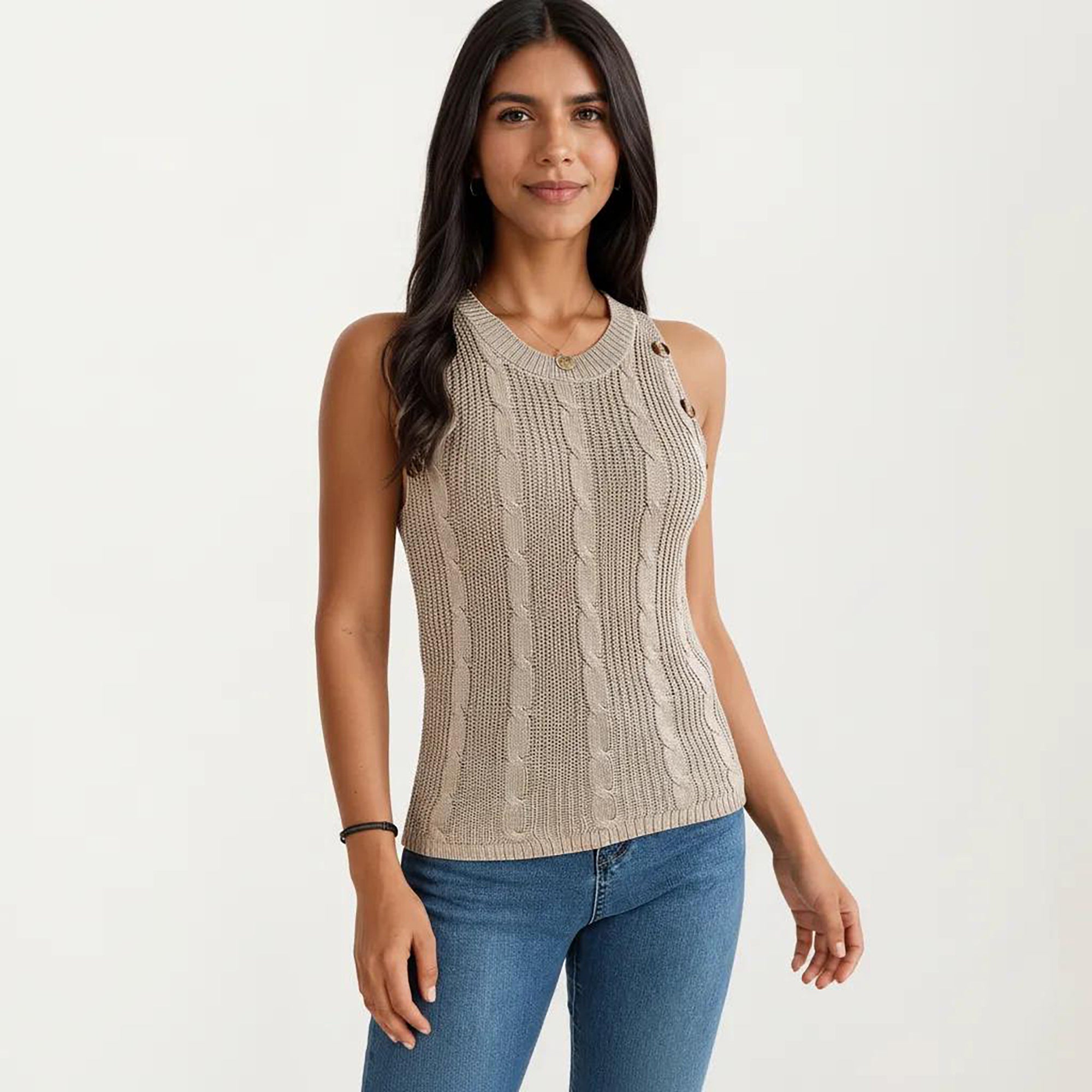 Anna-Kaci Women's Sleeveless Cable Knit Tank Top with Shoulder Button Detail and Ribbed Hem
