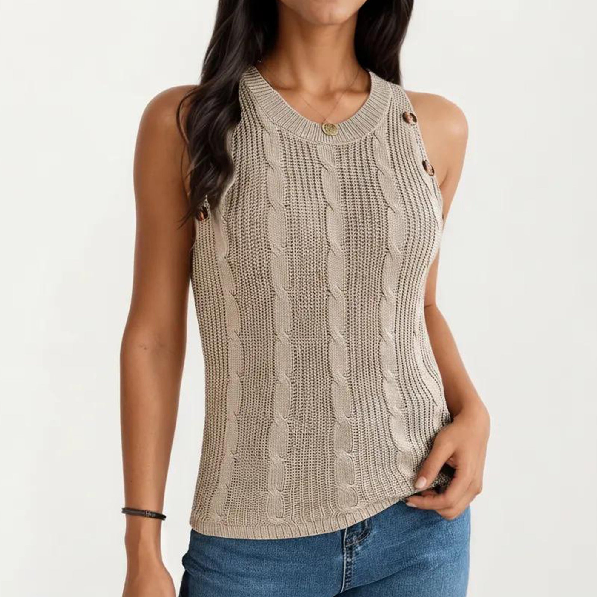 Anna-Kaci Women's Sleeveless Cable Knit Tank Top with Shoulder Button Detail and Ribbed Hem