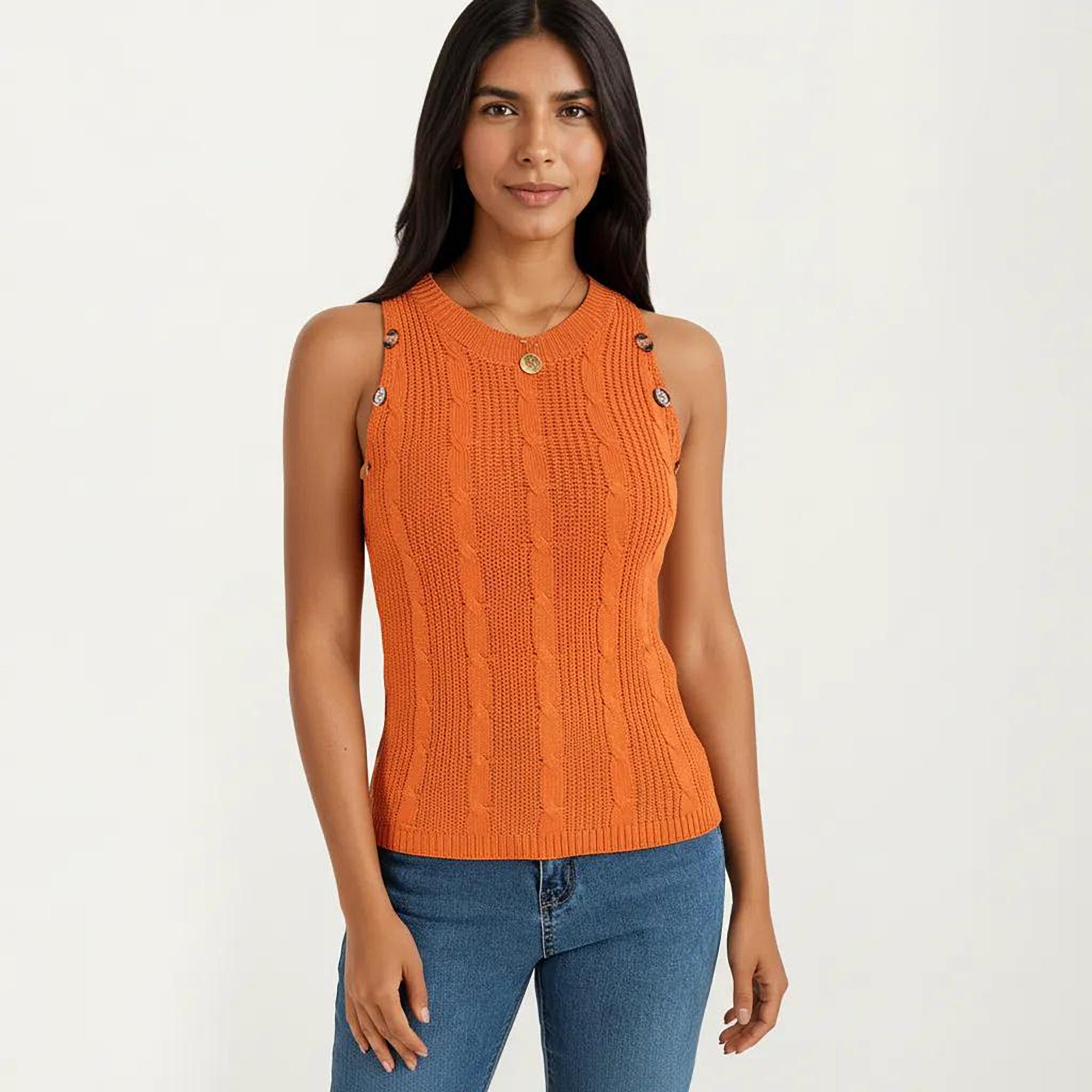 Anna-Kaci Women's Sleeveless Cable Knit Tank Top with Shoulder Button Detail and Ribbed Hem