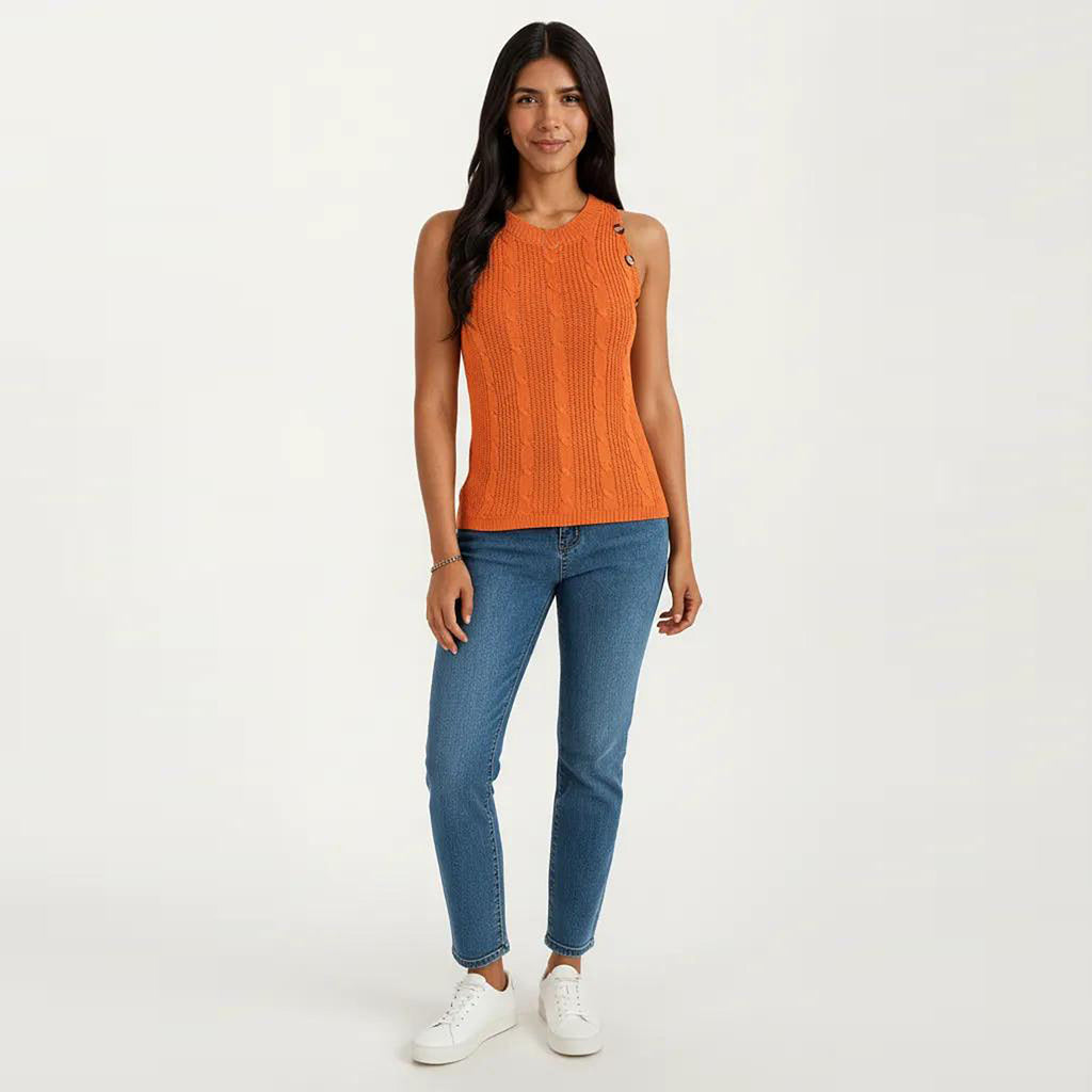 Anna-Kaci Women's Sleeveless Cable Knit Tank Top with Shoulder Button Detail and Ribbed Hem