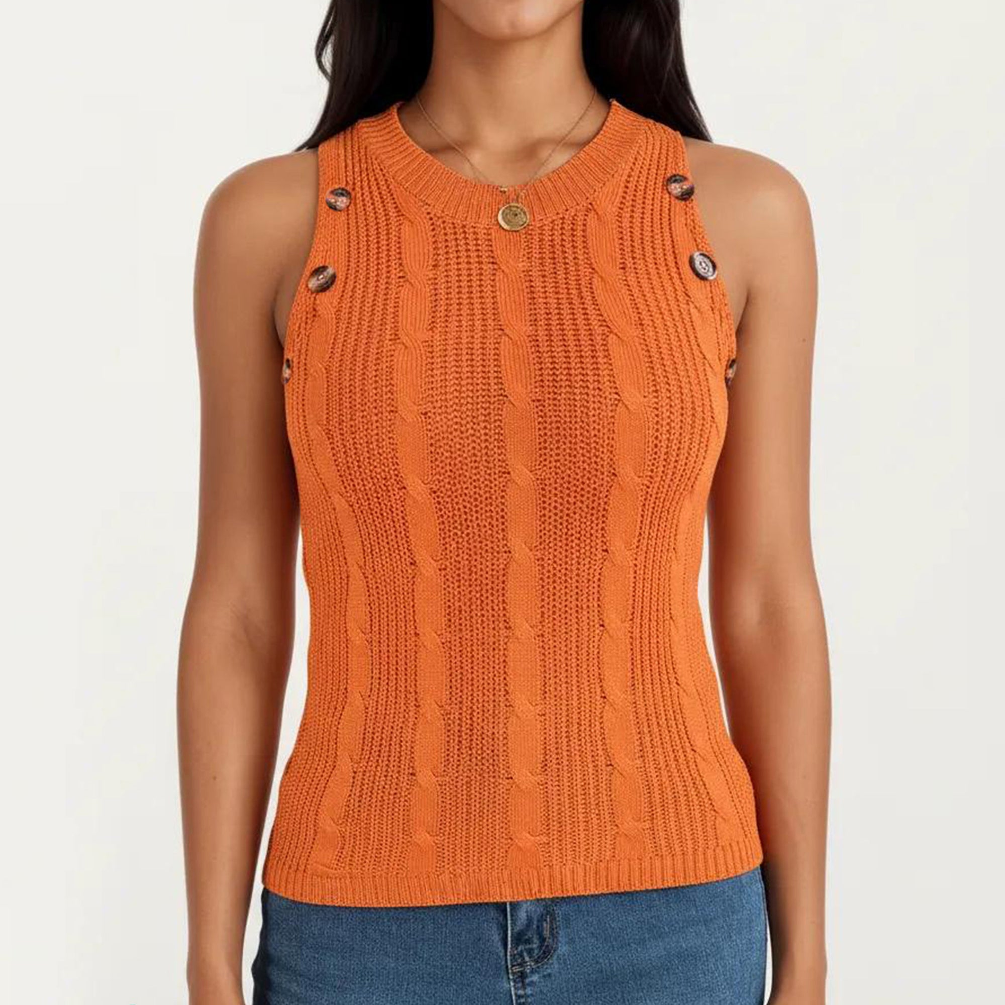 Anna-Kaci Women's Sleeveless Cable Knit Tank Top with Shoulder Button Detail and Ribbed Hem