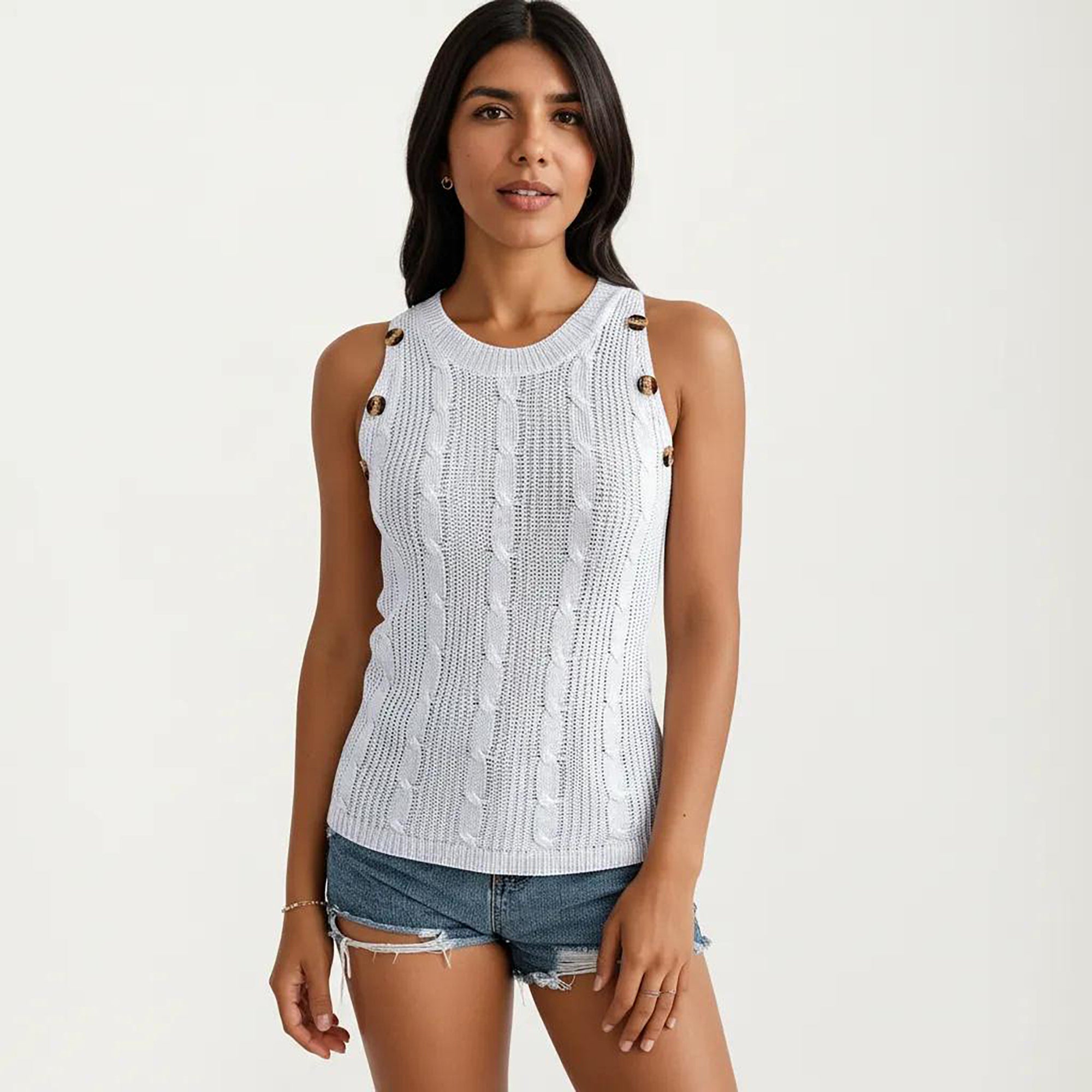 Anna-Kaci Women's Sleeveless Cable Knit Tank Top with Shoulder Button Detail and Ribbed Hem