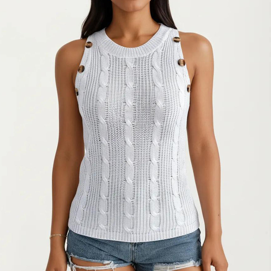 Anna-Kaci Women's Sleeveless Cable Knit Tank Top with Shoulder Button Detail and Ribbed Hem