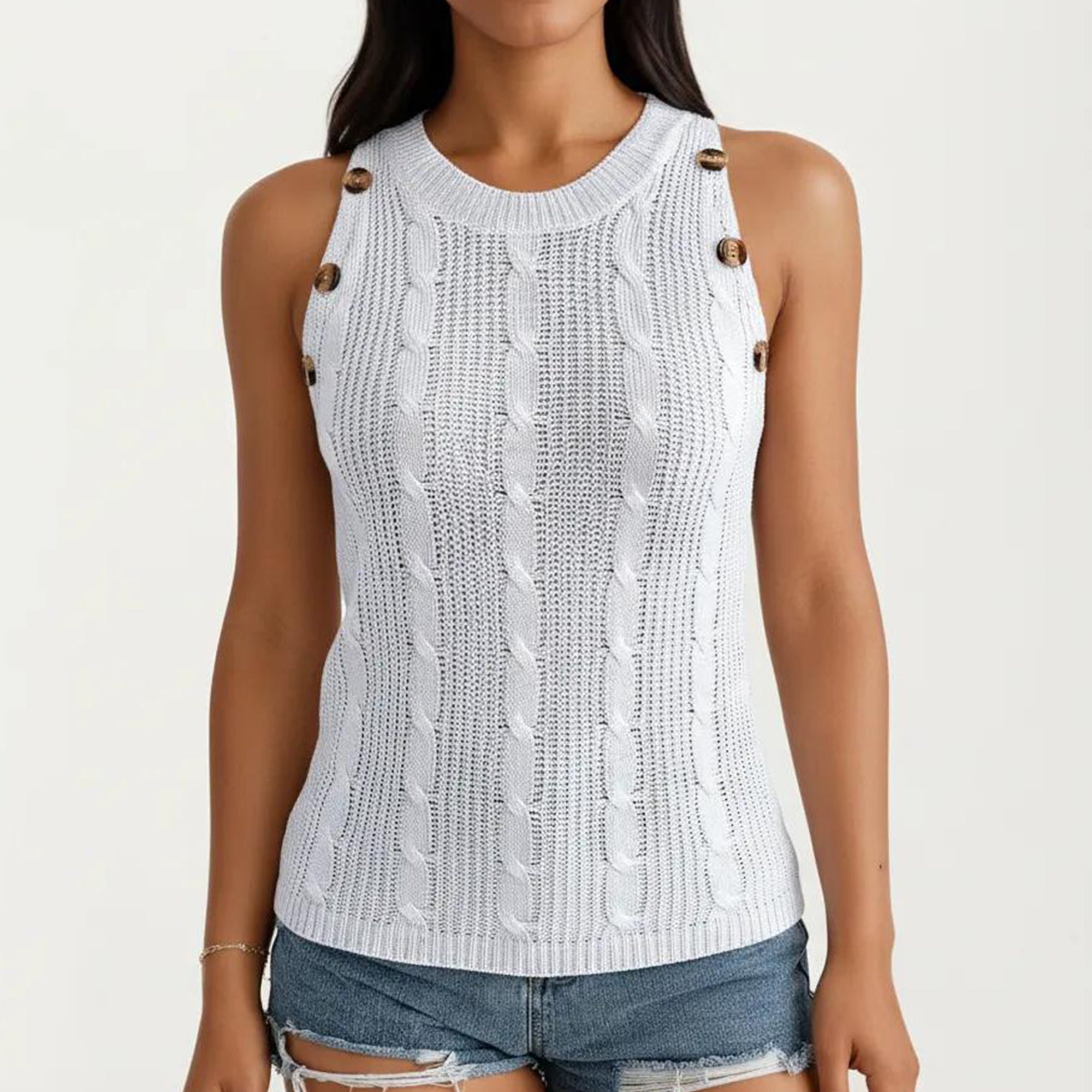 Anna-Kaci Women's Sleeveless Cable Knit Tank Top with Shoulder Button Detail and Ribbed Hem