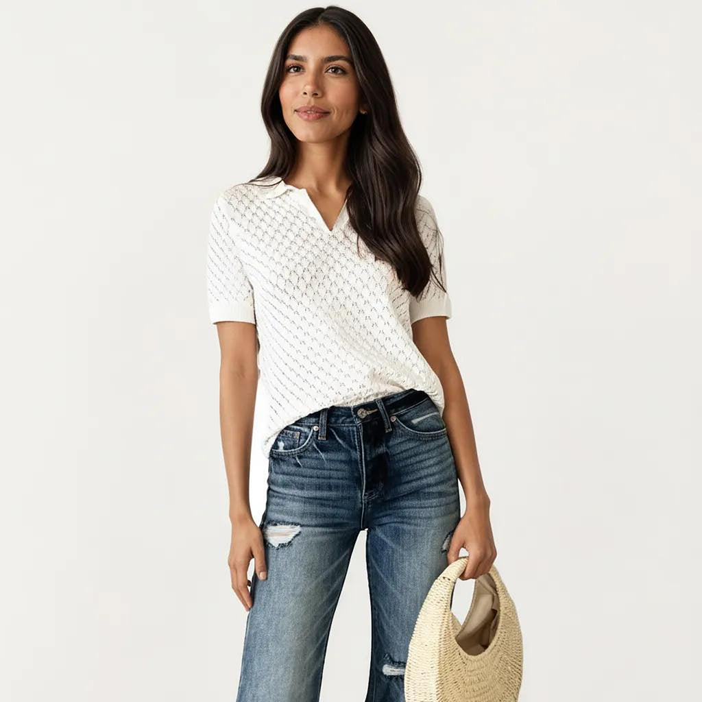 Anna-Kaci Women's Short Sleeve Open Knit Polo Top with Textured Pattern and Ribbed Cuffs