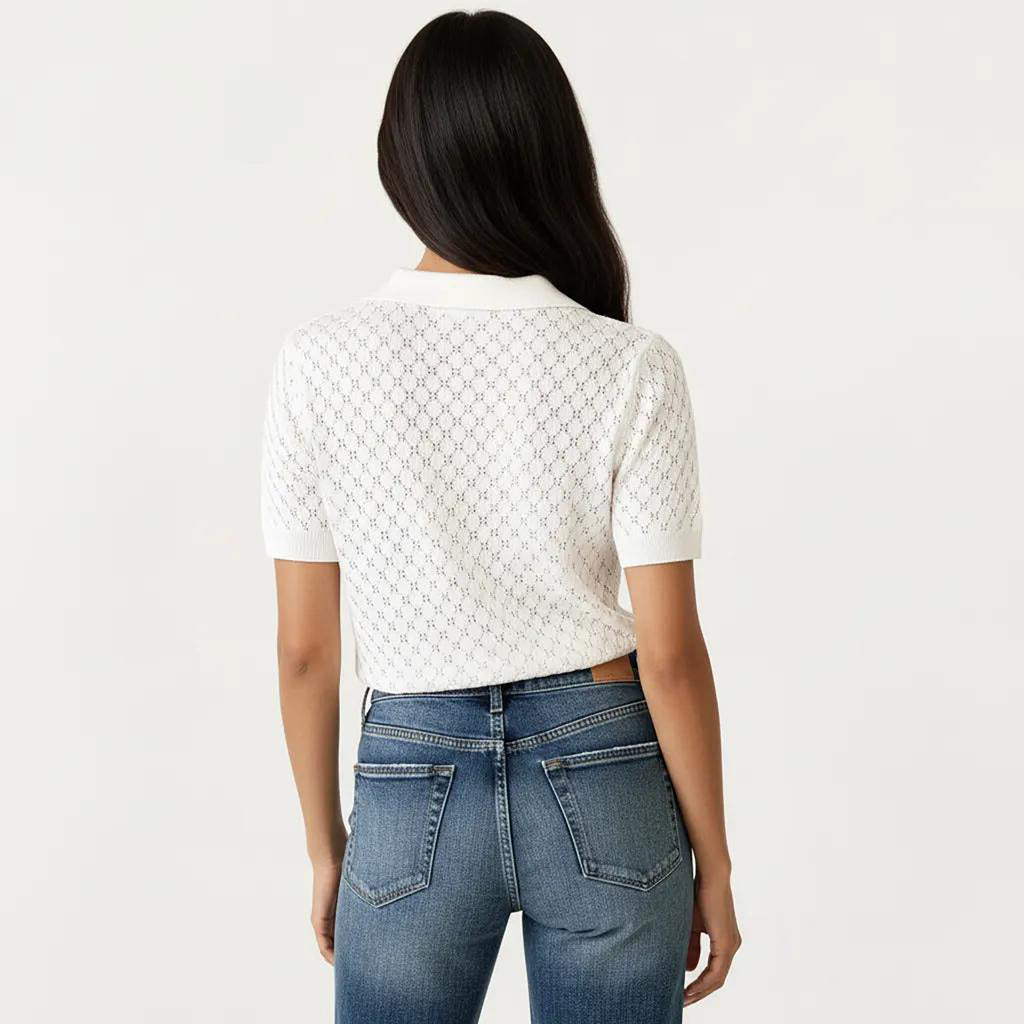 Anna-Kaci Women's Short Sleeve Open Knit Polo Top with Textured Pattern and Ribbed Cuffs