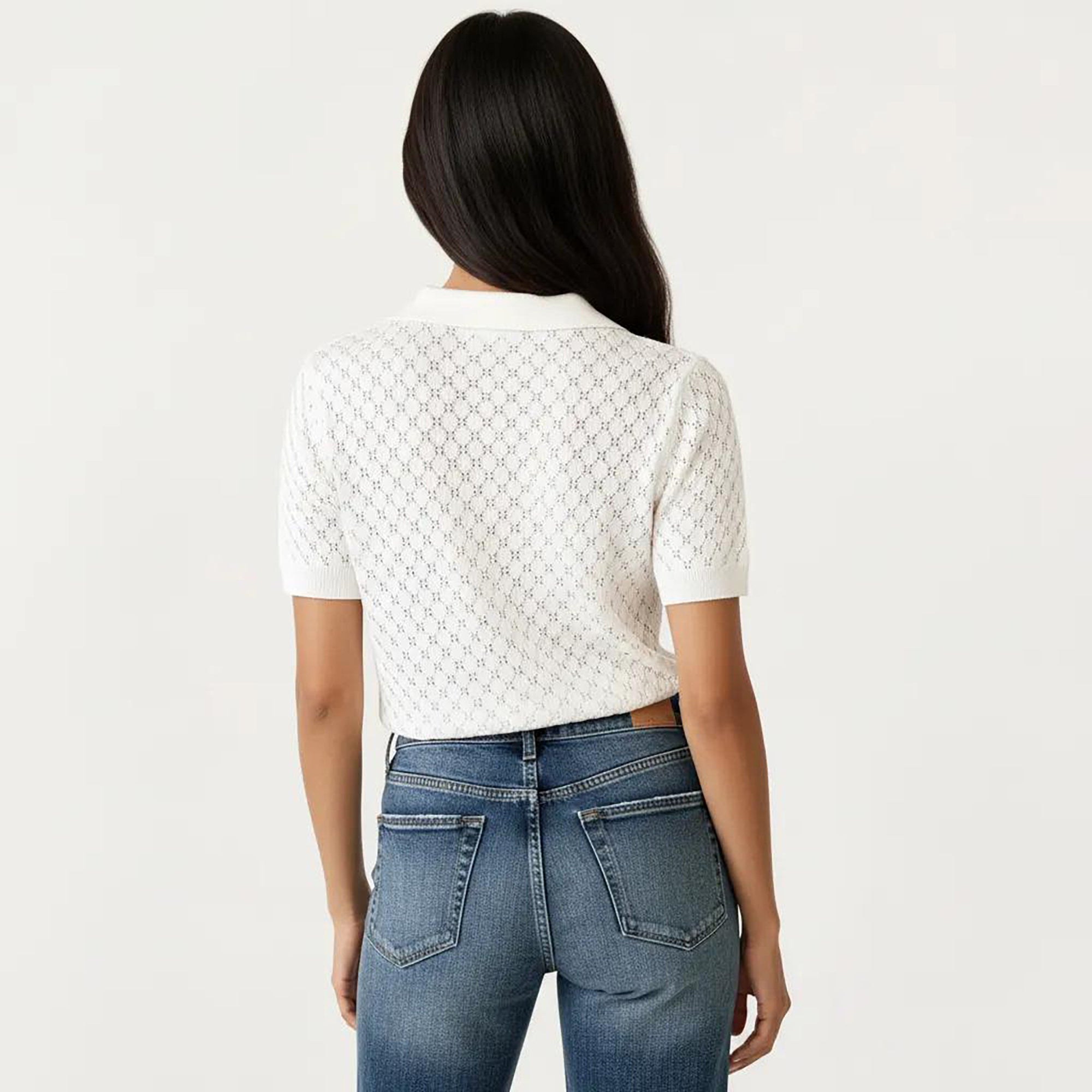 Anna-Kaci Women's Short Sleeve Open Knit Polo Top with Textured Pattern and Ribbed Cuffs