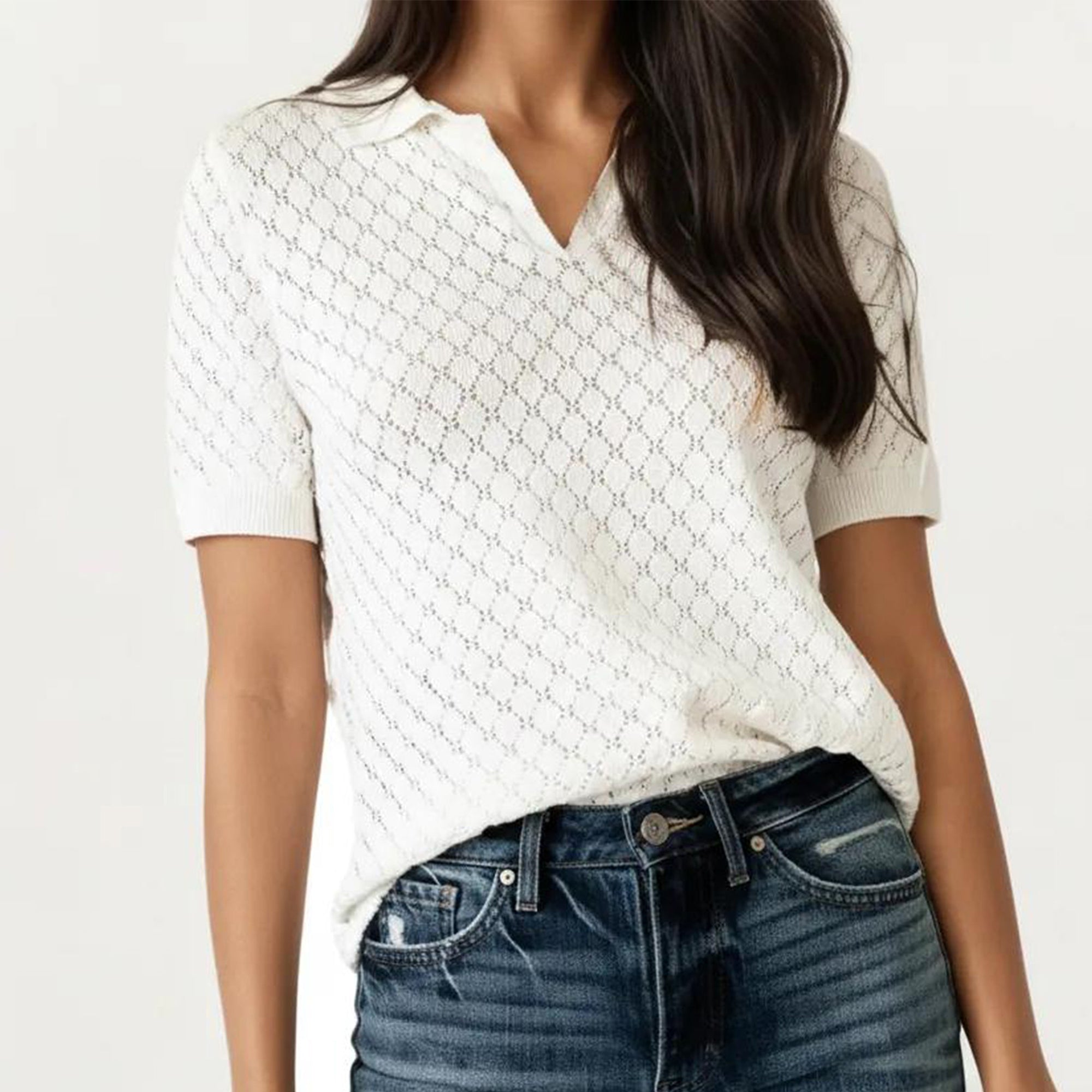 Anna-Kaci Women's Short Sleeve Open Knit Polo Top with Textured Pattern and Ribbed Cuffs