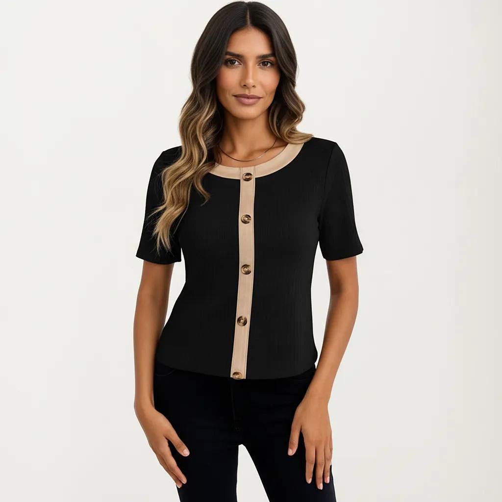 Anna-Kaci Women's Short Sleeve Ribbed Knit Top with Contrast Trim Button Front and Rounded Neckline