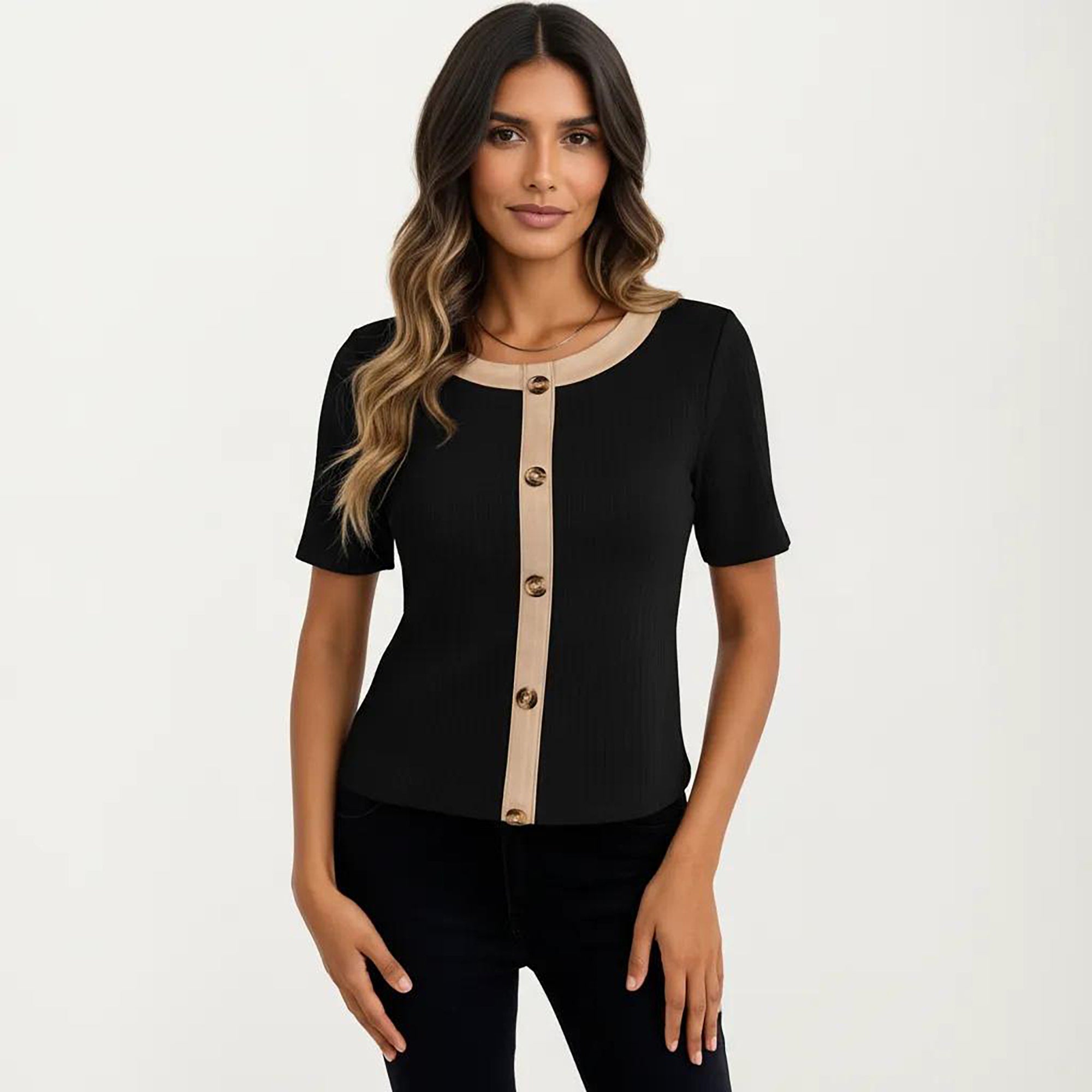 Anna-Kaci Women's Short Sleeve Ribbed Knit Top with Contrast Trim Button Front and Rounded Neckline