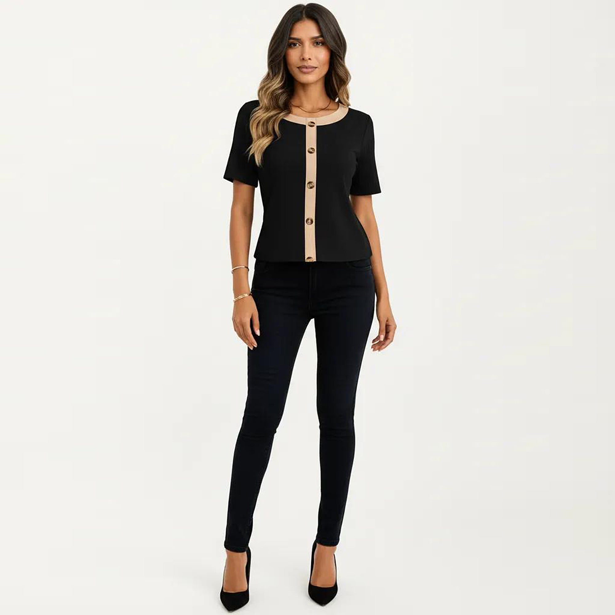 Anna-Kaci Women's Short Sleeve Ribbed Knit Top with Contrast Trim Button Front and Rounded Neckline