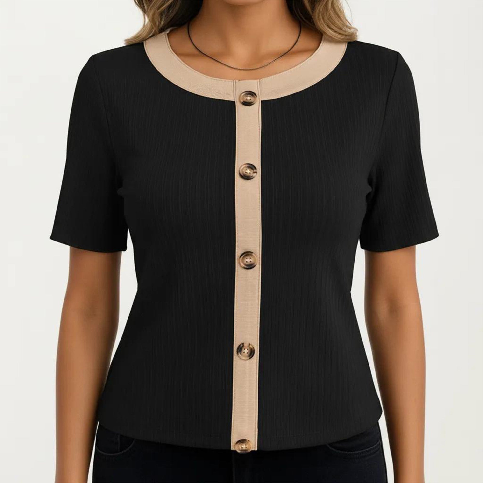 Anna-Kaci Women's Short Sleeve Ribbed Knit Top with Contrast Trim Button Front and Rounded Neckline