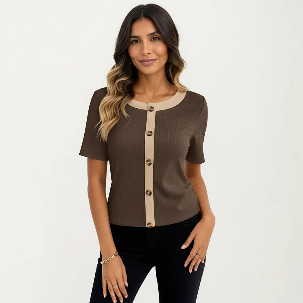 Anna-Kaci Women's Short Sleeve Ribbed Knit Top with Contrast Trim Button Front and Rounded Neckline